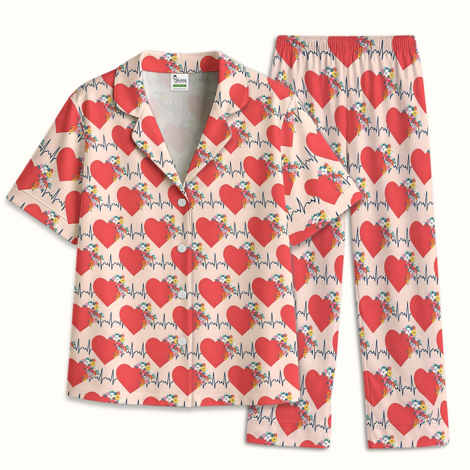 Nurse Heartbeat Floral Pattern Pajama Set, Soft Breathable Fabric Comfortable Sleepwear