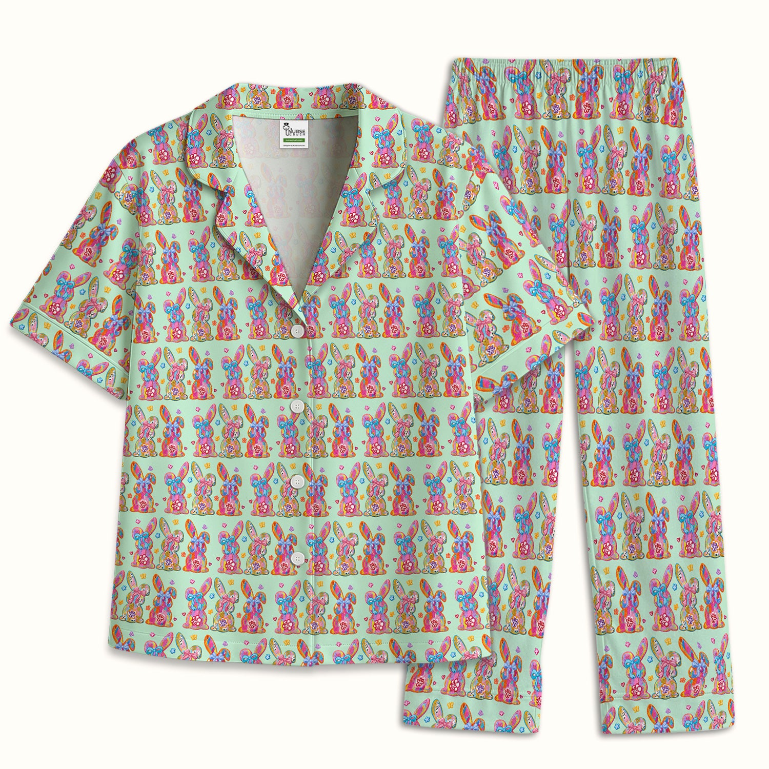 Cute Pastel Bunny Floral Pattern Pajama Set, Breathable Fabrics Uniform