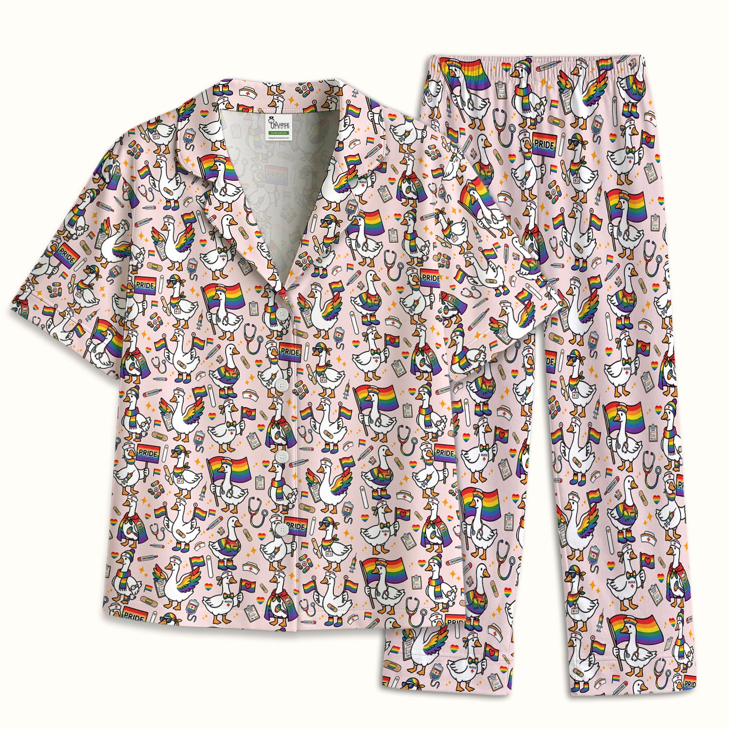 LGBT Pride Nurse Duck Pattern Pajama Set, Breathable Fabrics Uniform