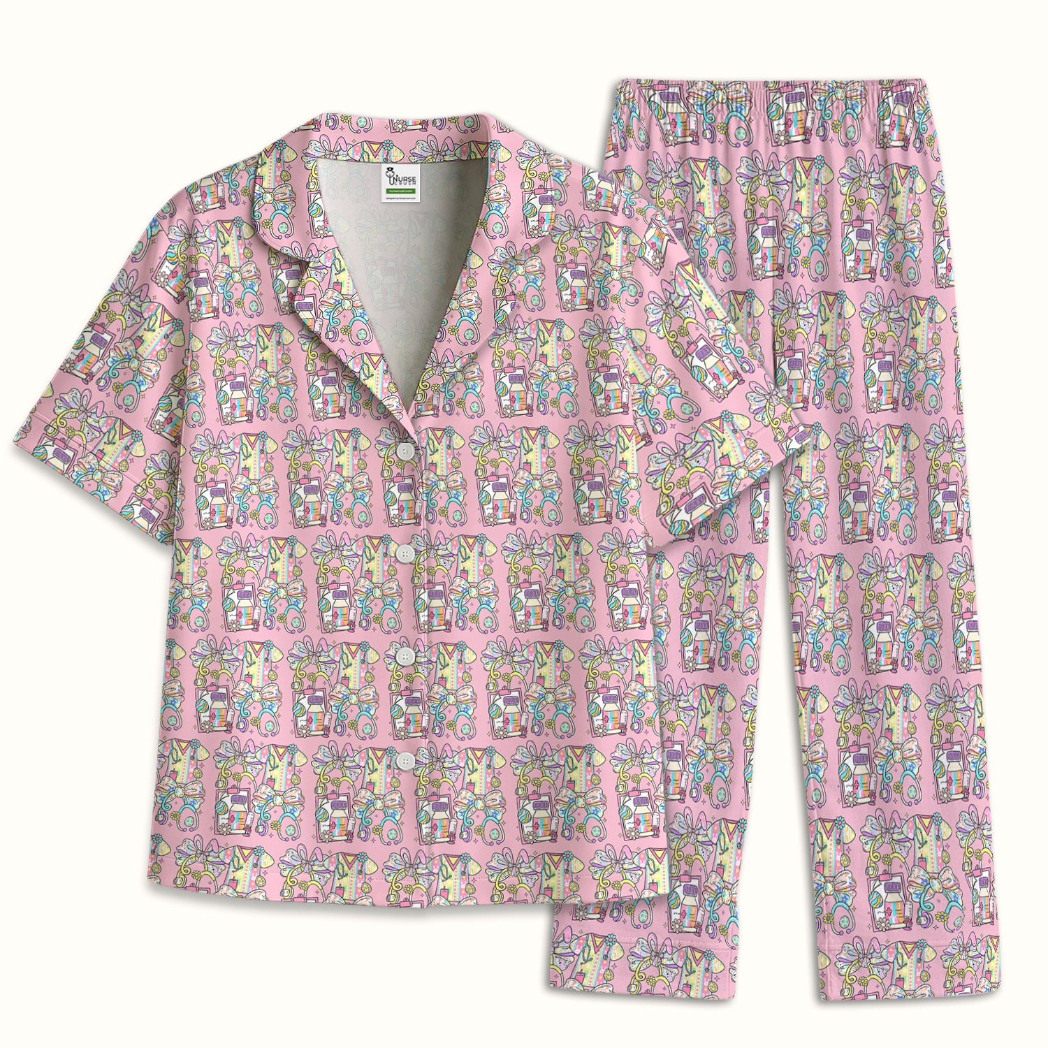 Colorful Nurse Scrub Supplies Pattern Pajama Set, Breathable Fabrics Uniform