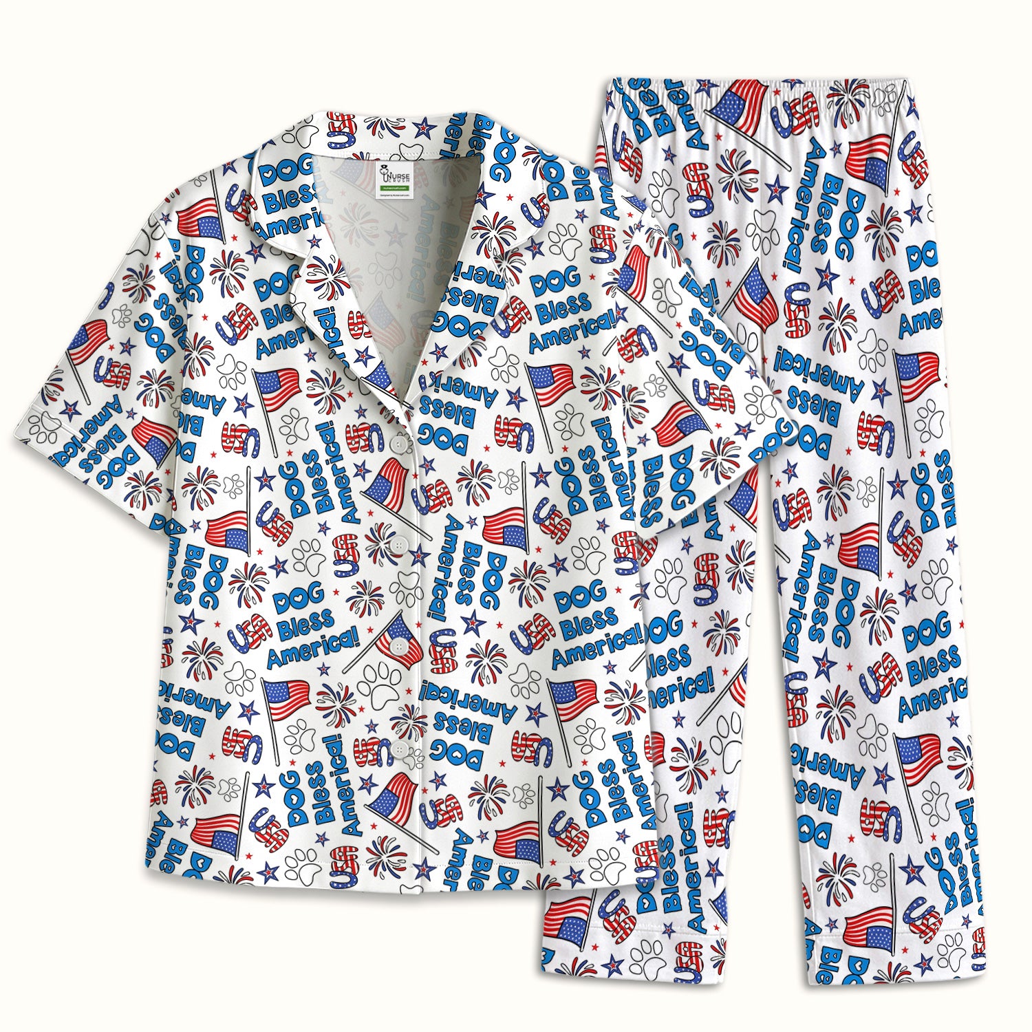 Funny Patriotic Dog Bless America Flag Pattern Pajama Set, Soft Breathable Fabric Comfortable Sleepwear