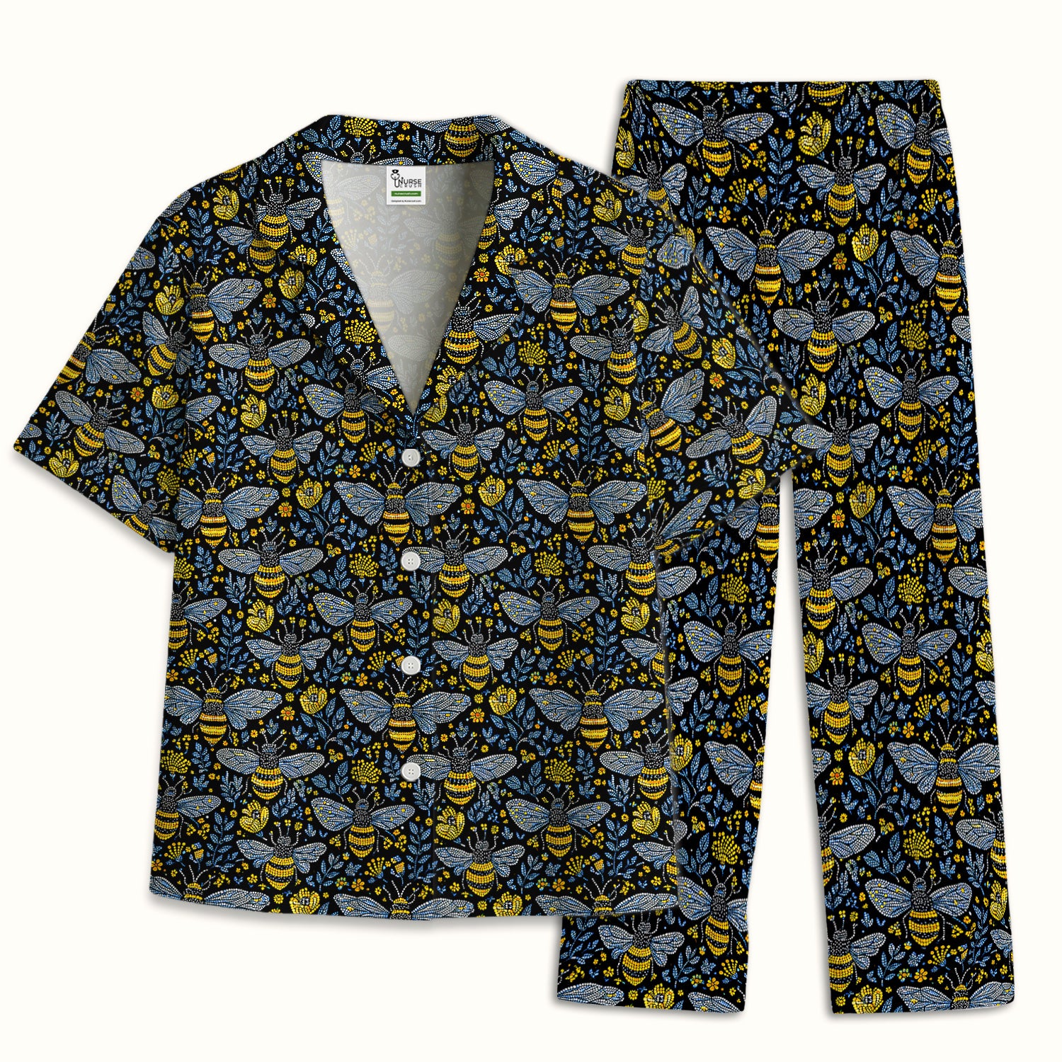 Honey Bee And Wildflower Garden Pattern Pajama Set, Breathable Fabrics Uniform
