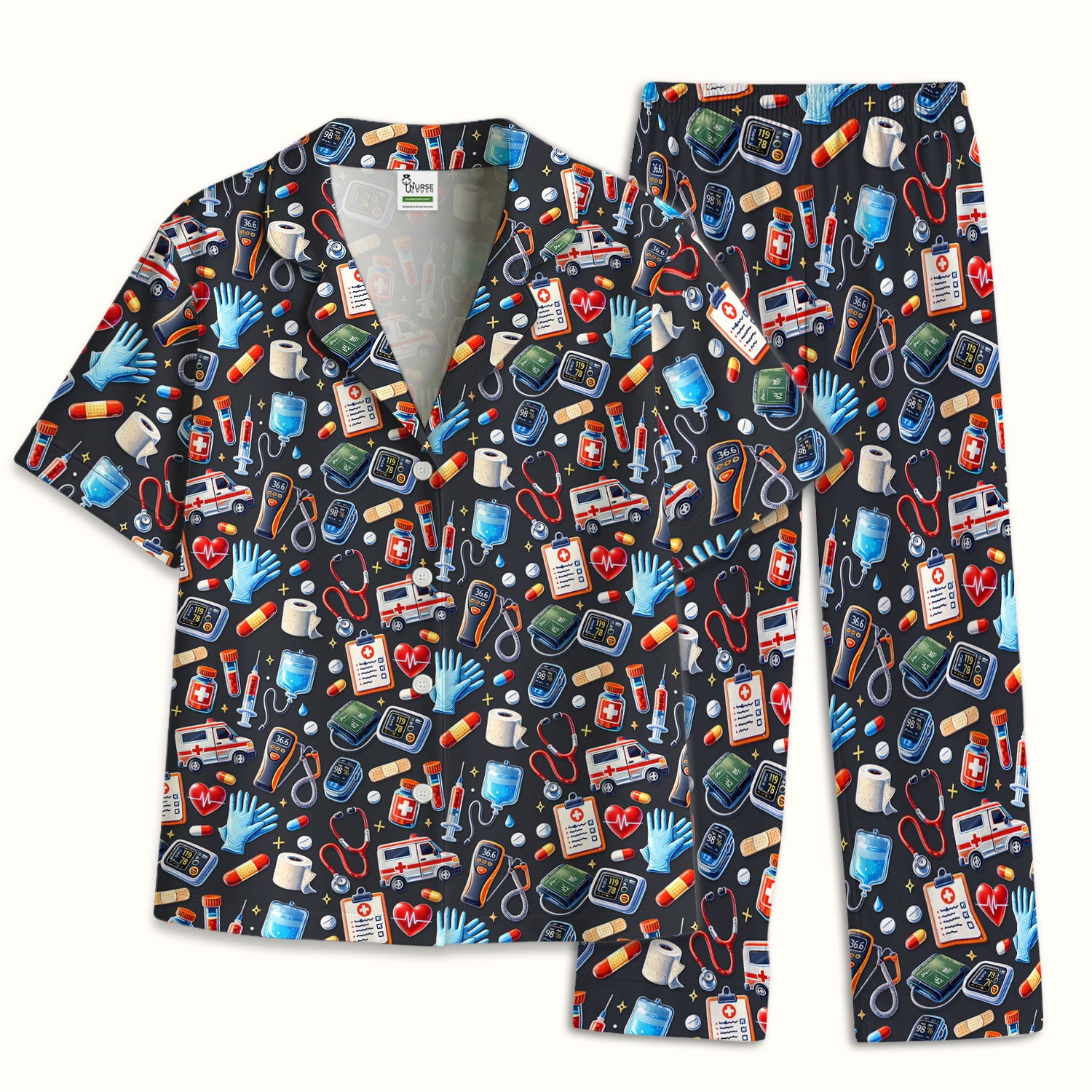 Medical Tools Pattern Ambulance Stethoscope Pajama Set, Breathable Fabrics Uniform