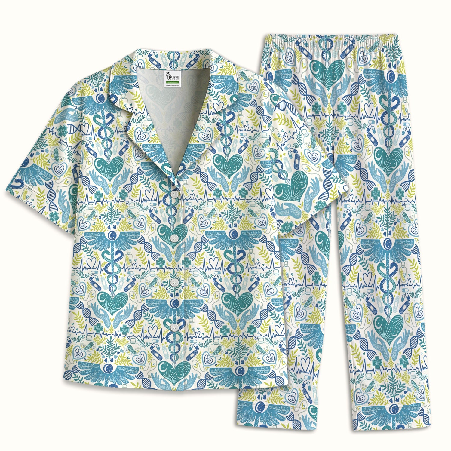 Inspirational Botanical Medical Caduceus Heart Nurse Pattern Pajama Set, Breathable Fabrics Uniform