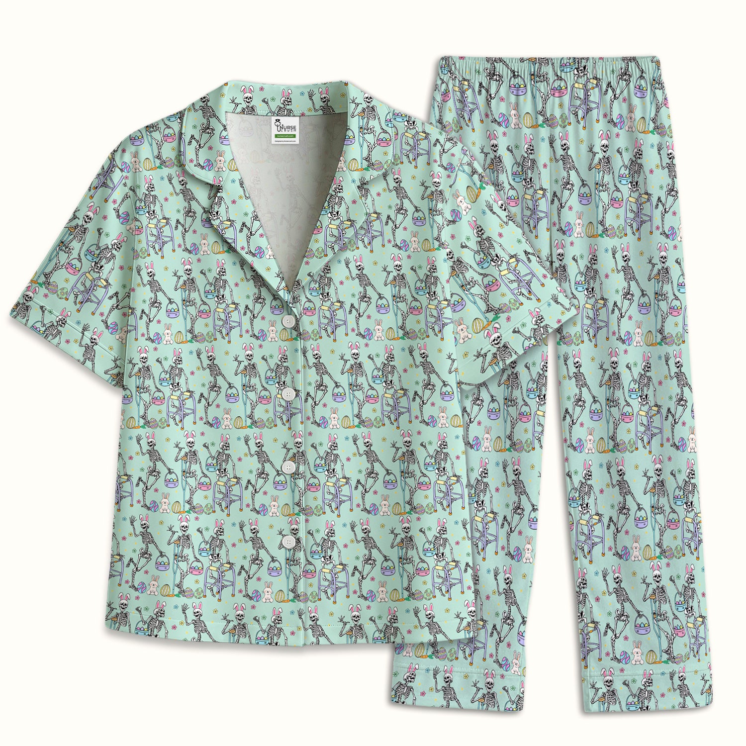 Fun Skeleton Bunny Easter Print Pajama Set, Breathable Fabrics Uniform