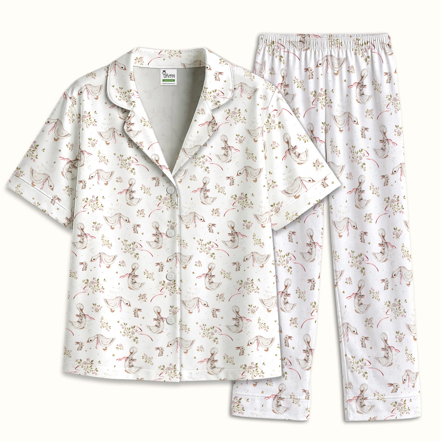 Cute Duck Bunny Floral Print Pajama Set, Soft Breathable Fabric Comfortable Sleepwear
