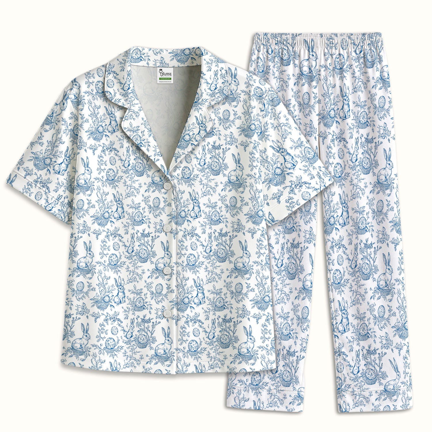Easter Bunny Floral Egg Toile Pattern Pajama Set, Soft Breathable Fabric Comfortable Sleepwear