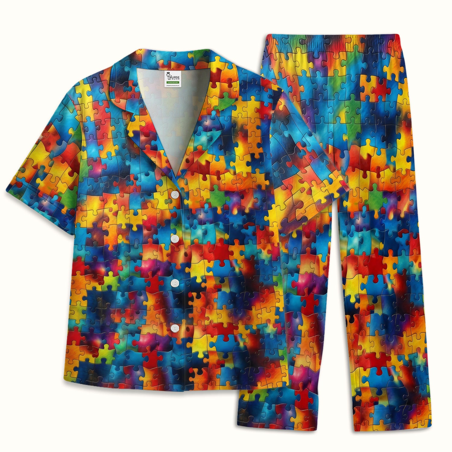 Bright Rainbow Puzzle Piece Art Pajama Set, Soft Breathable Fabric Comfortable Sleepwear
