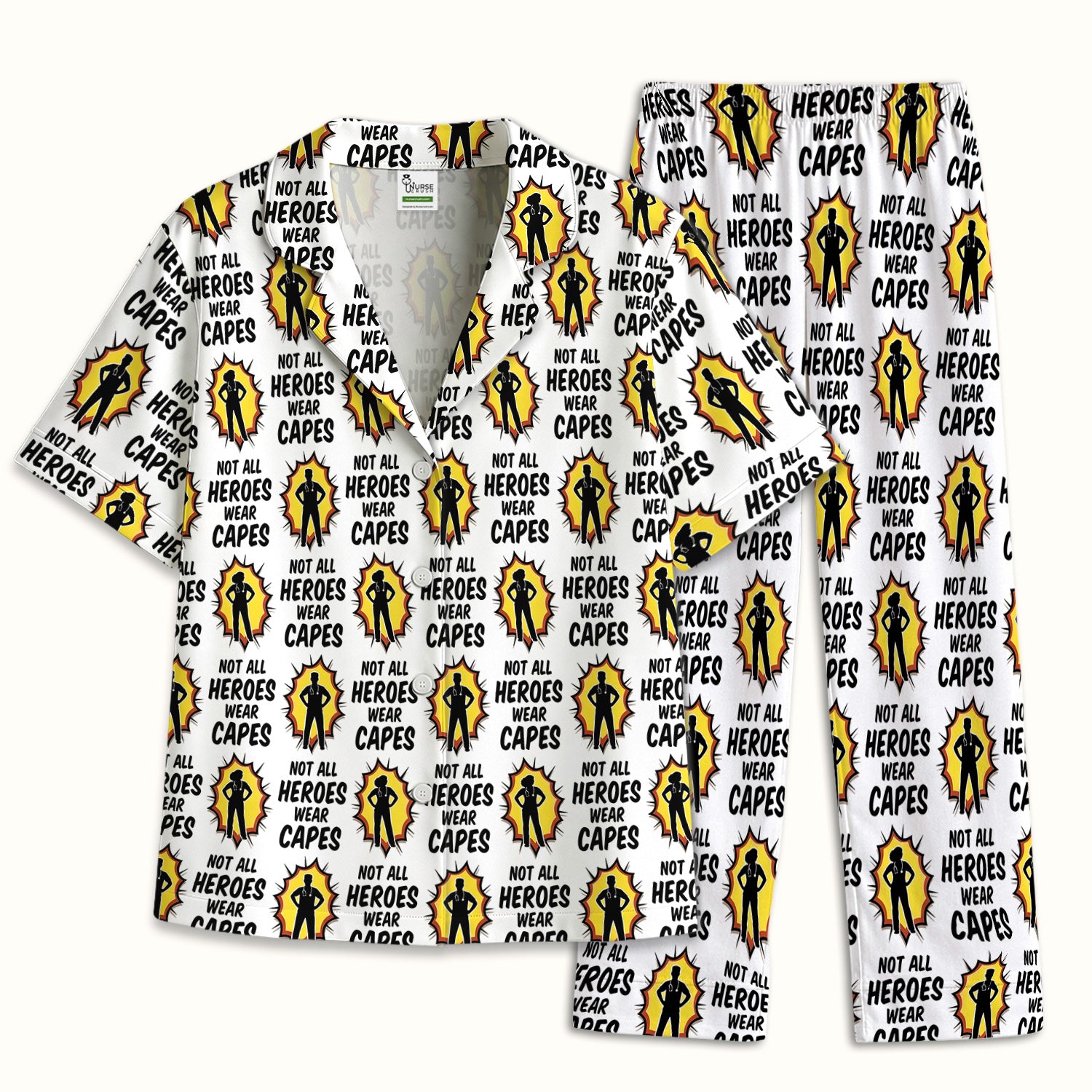 Not All Heroes Wear Capes Nurse Pattern Pajama Set, Breathable Fabrics Uniform
