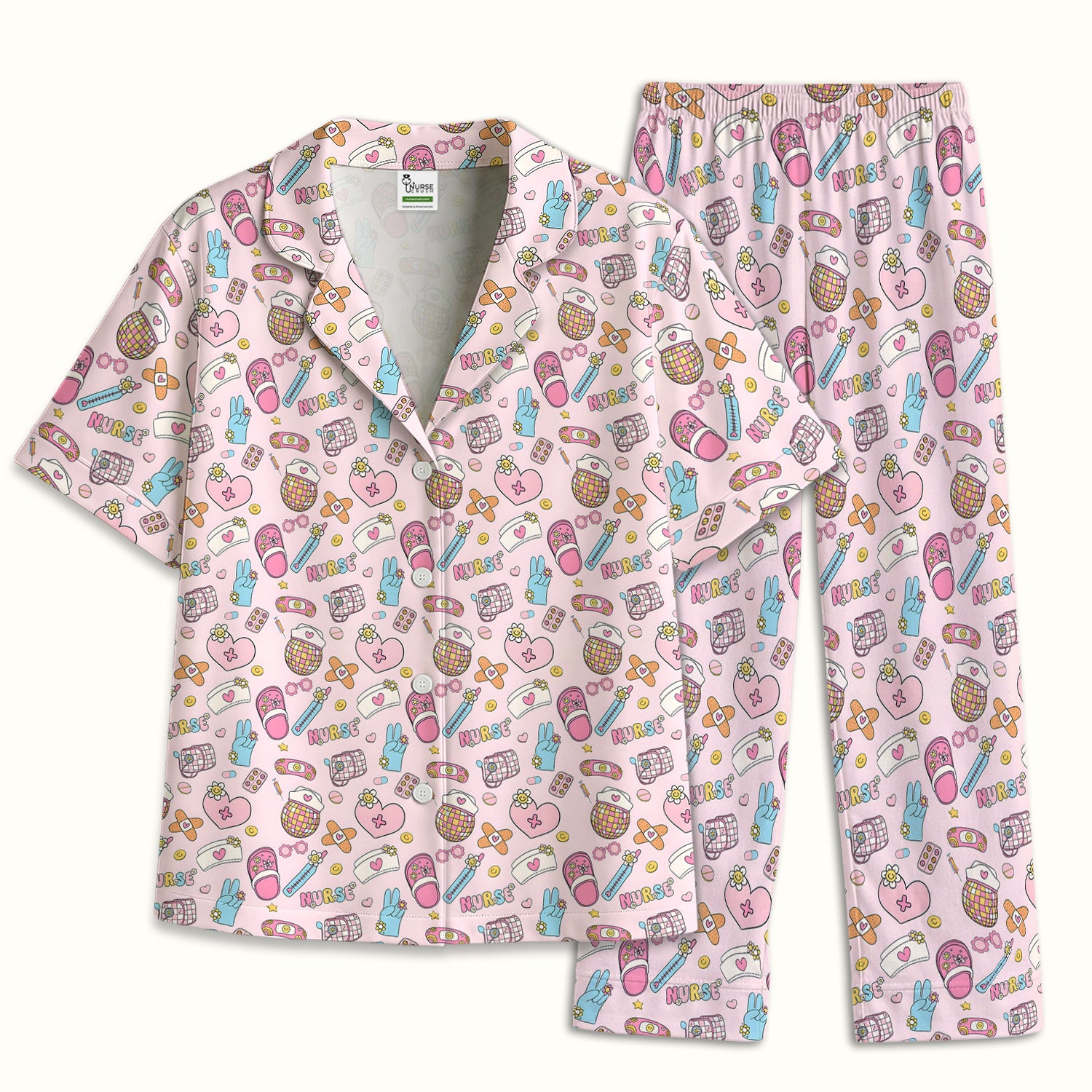 Cute Nurse Pink Medical Tools Pattern Pajama Set, Soft Breathable Fabric Comfortable Sleepwear