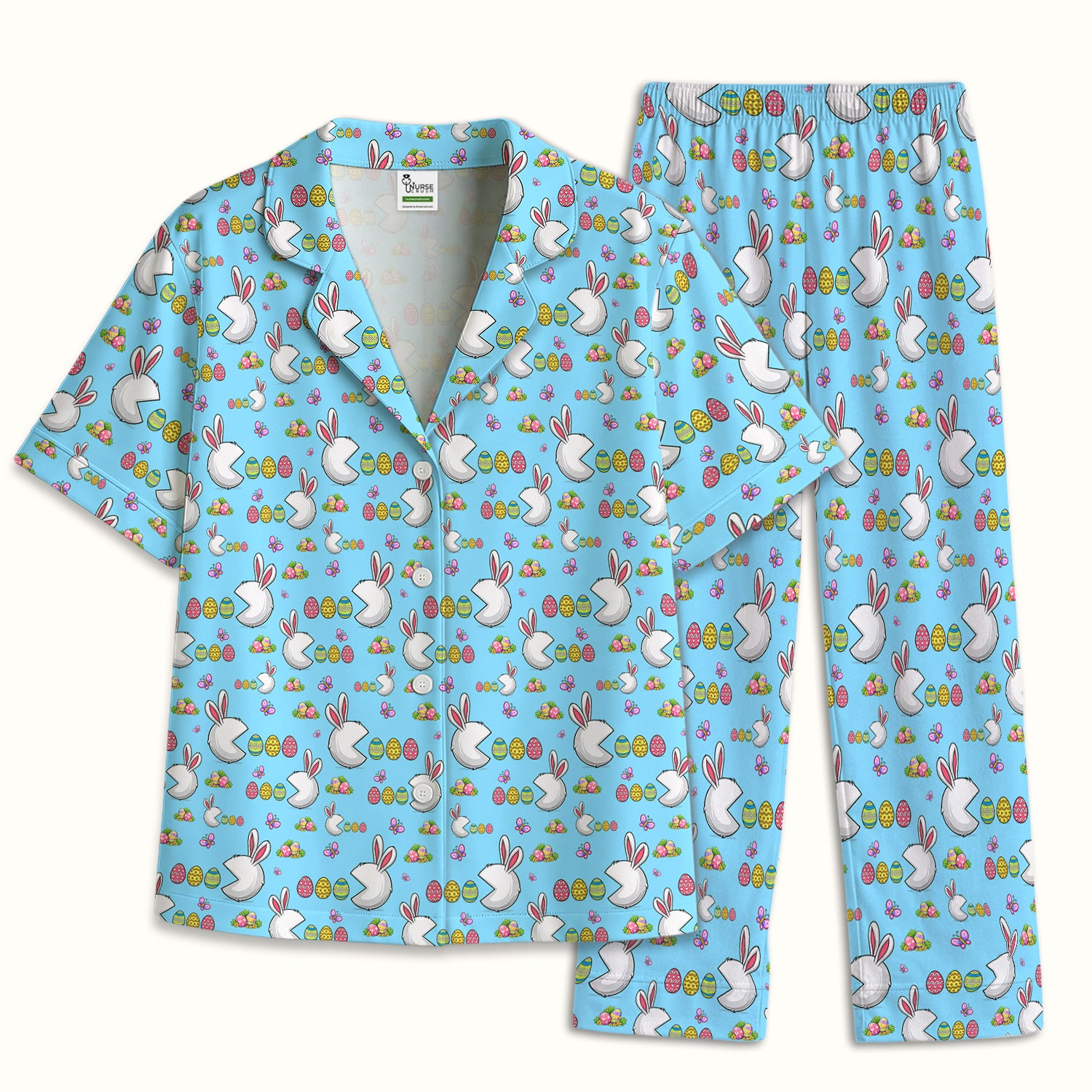Easter Bunny and Colorful Eggs Print  Pajama Set, Breathable Fabrics Uniform