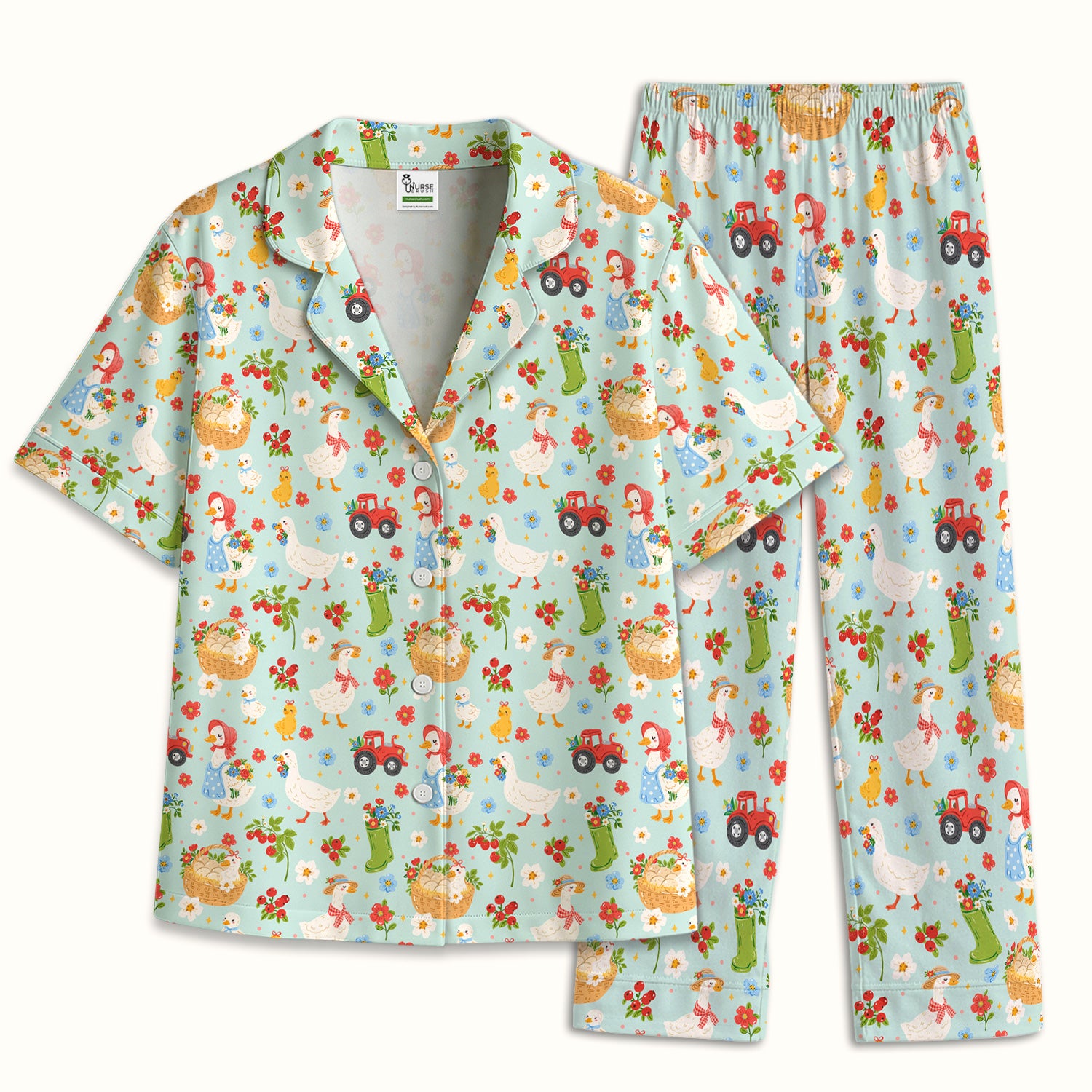 Farm Duck Chicken Tractor Flower Basket Pajama Set, Breathable Fabrics Uniform