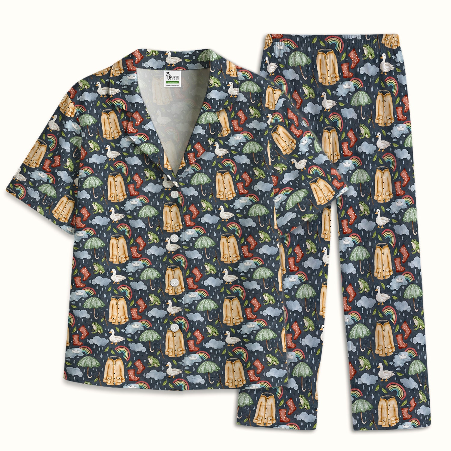 Cute Rainy Day Ducks & Frog Rainbow Pattern Pajama Set, Soft Breathable Fabric Comfortable Sleepwear