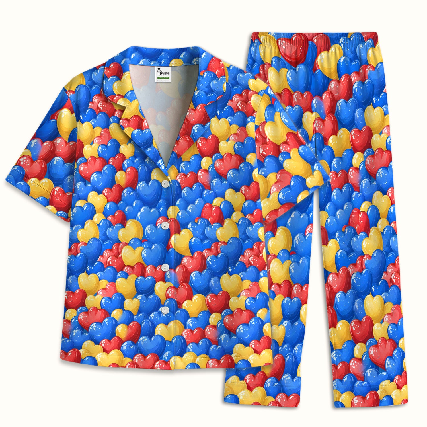 Colorful Autism Heart Pattern Pajama Set, Soft Breathable Fabric Comfortable Sleepwear