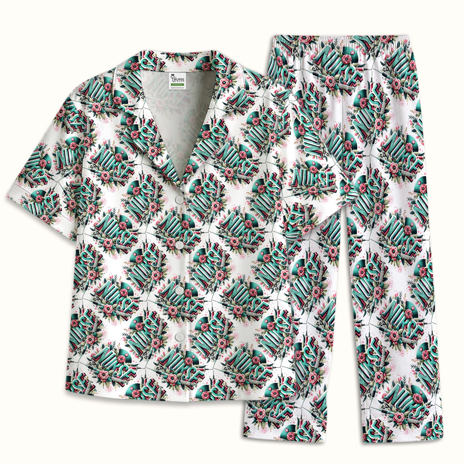 Cute Nurse Typography Floral Medical Pattern Pajama Set, Soft Breathable Fabric Comfortable Sleepwear