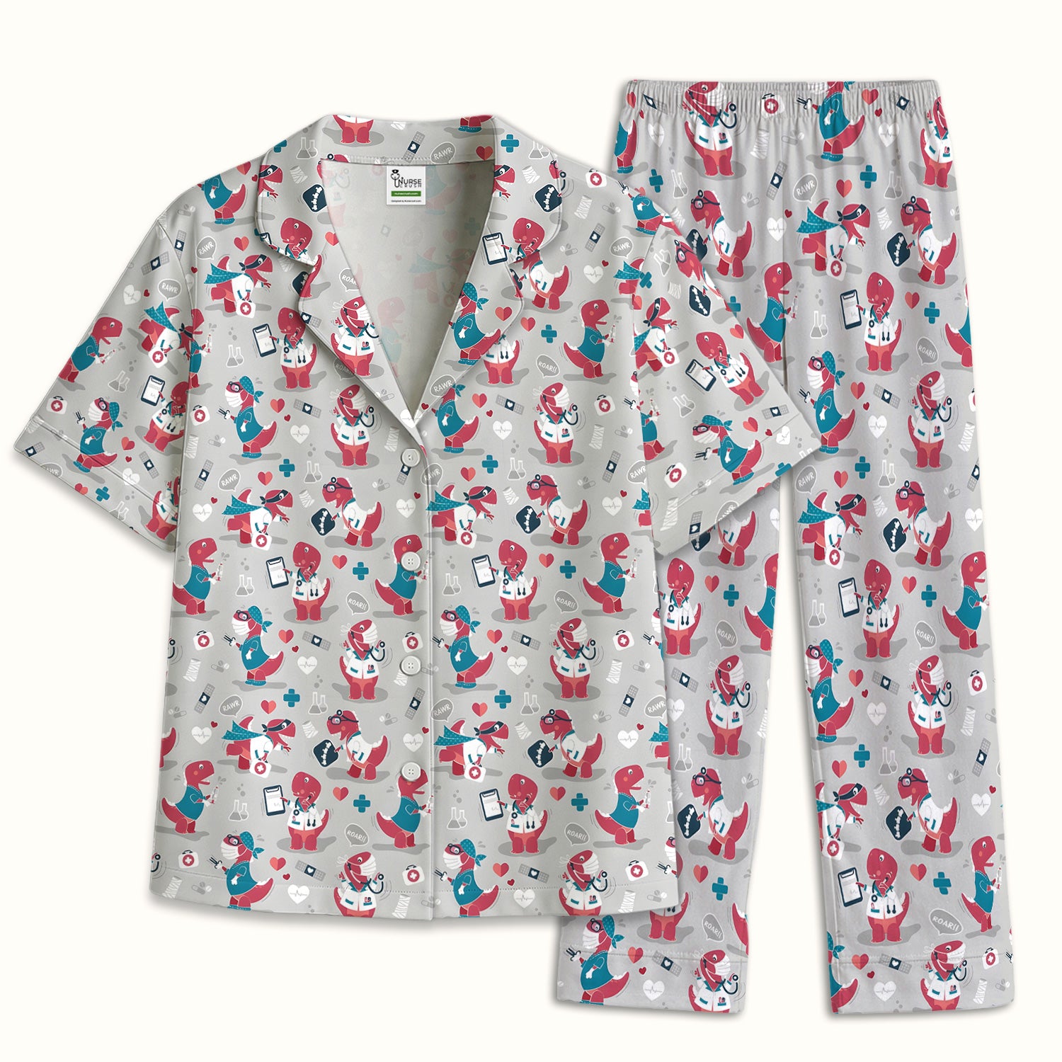 Cute Dinosaur Doctor Medical Pattern Pajama Set, Breathable Fabrics Uniform