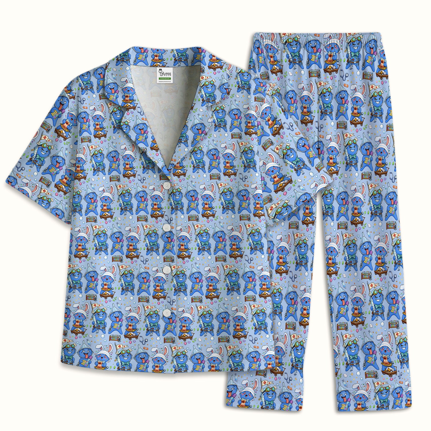 Cute Glove Doll Hospital Medical Cartoon Nurse Pattern Pajama Set, Breathable Fabrics Uniform
