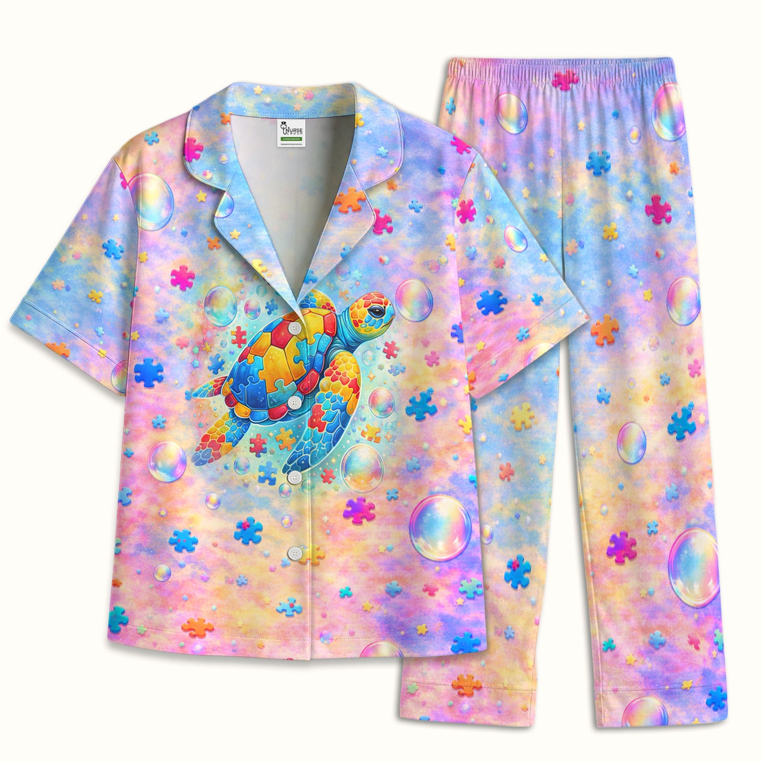 Autism Puzzle Sea Turtle Pastel Rainbow Print Pajama Set, Soft Breathable Fabric Comfortable Sleepwear