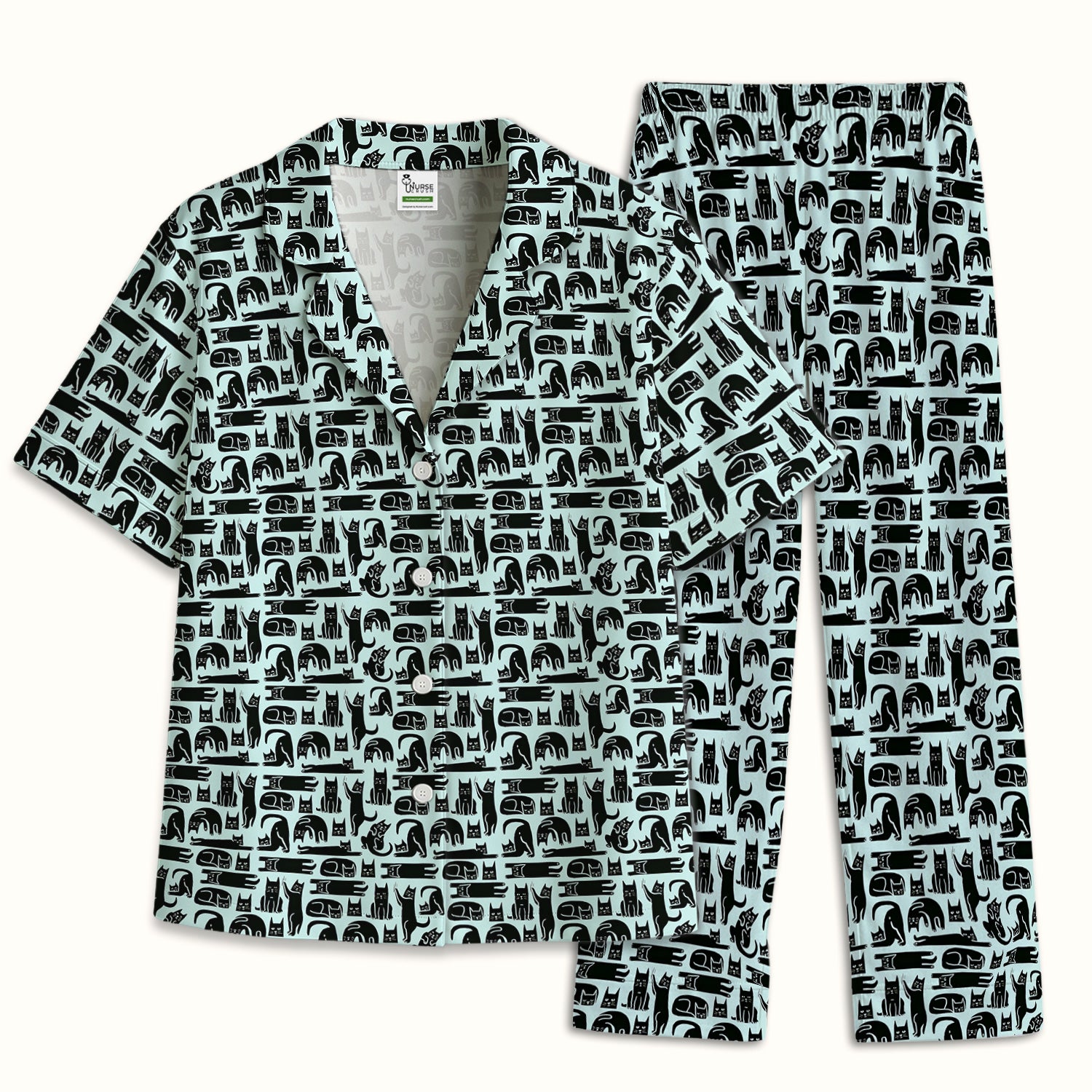 Cute Funny Cat Poses Print Pajama Set, Breathable Fabrics Uniform