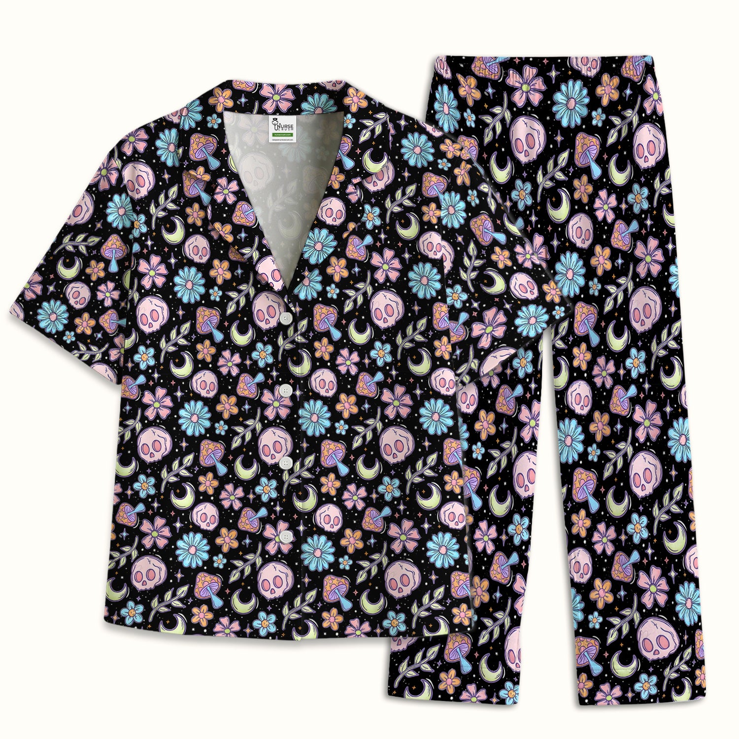 Neon Skull Mushroom Floral Pajama Set, Colorful Gothic Fabrics Uniform
