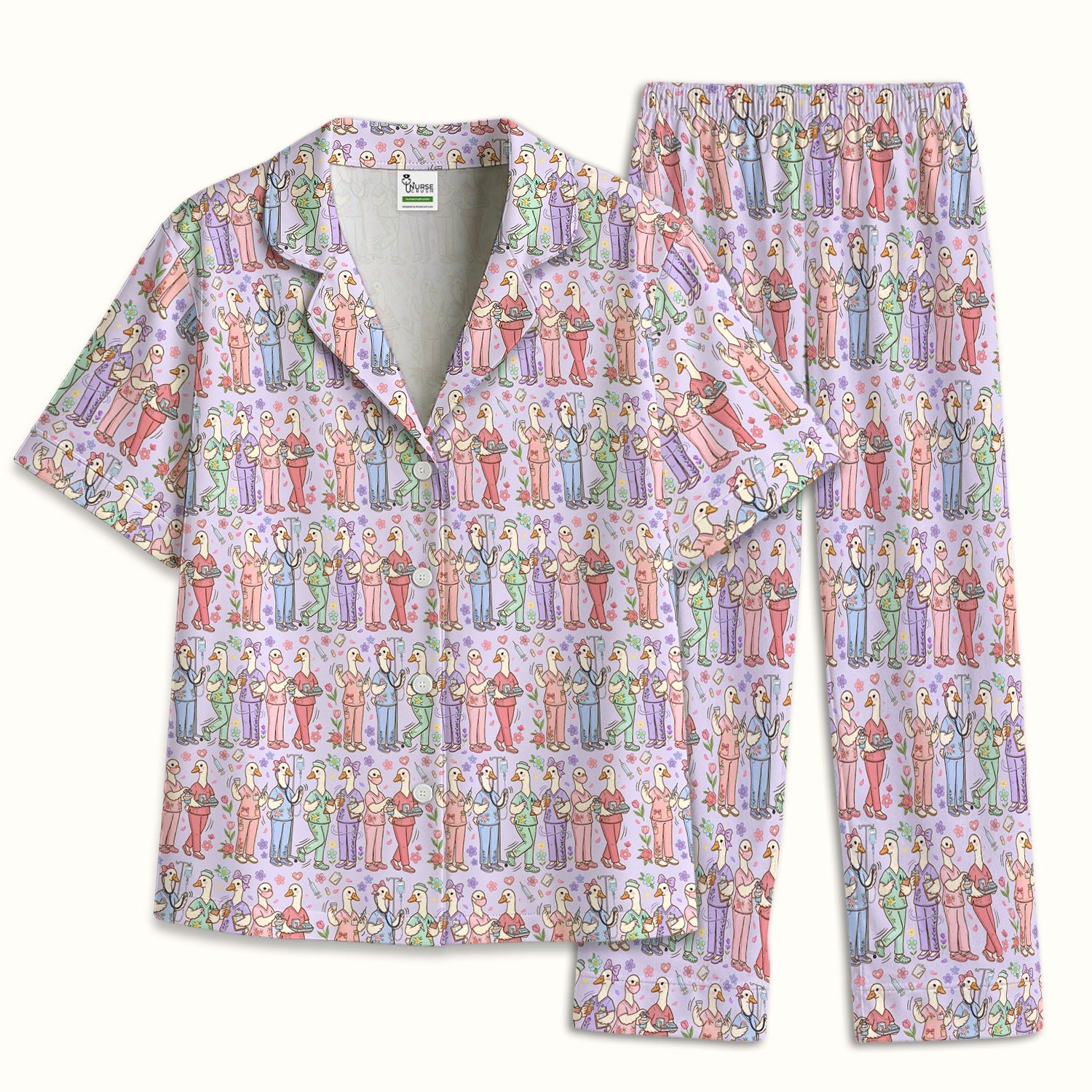 Goose Characters Floral Medical Team Uniform Pattern Pajama Set, Breathable Fabrics Uniform