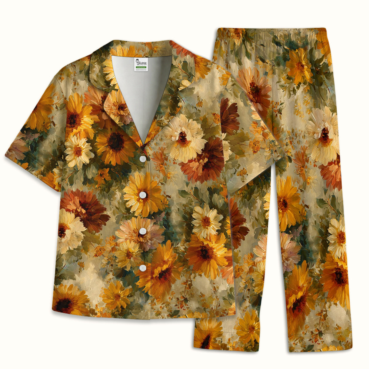 Vintage Sunflower Oil Painting Pajama Set, Soft Breathable Fabric Comfortable Sleepwear