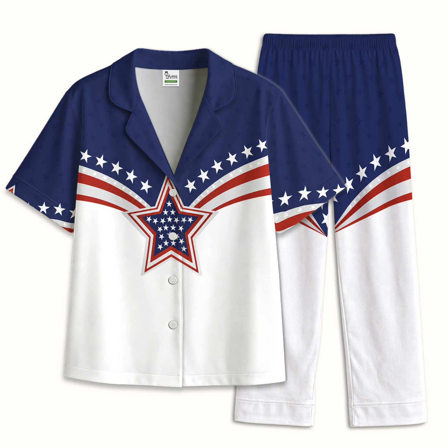 Patriotic American Flag Star Pattern Pajama Set, Soft Breathable Fabric Comfortable Sleepwear