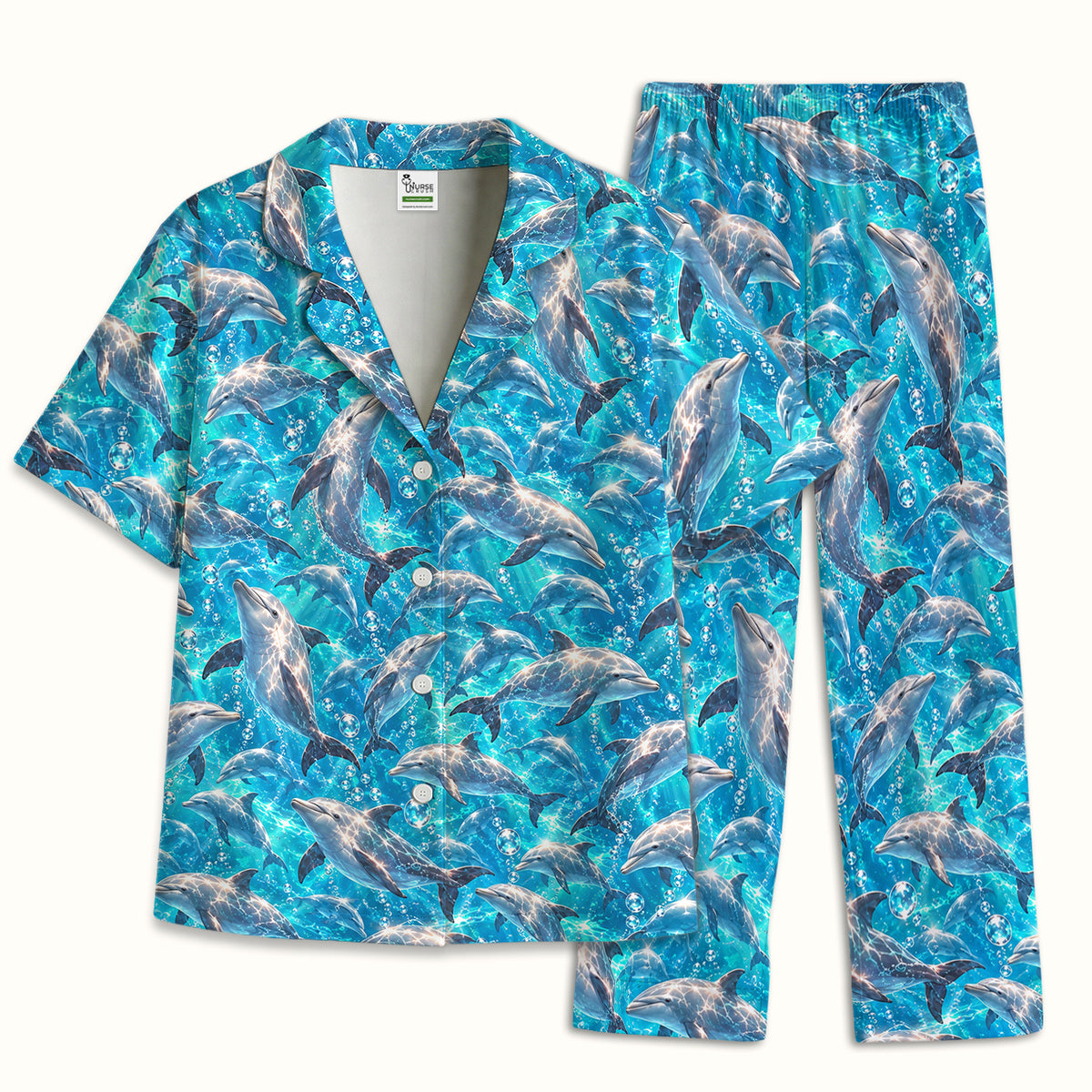 Blue Ocean Dolphin Pattern Pajama Set, Soft Breathable Fabric Comfortable Sleepwear