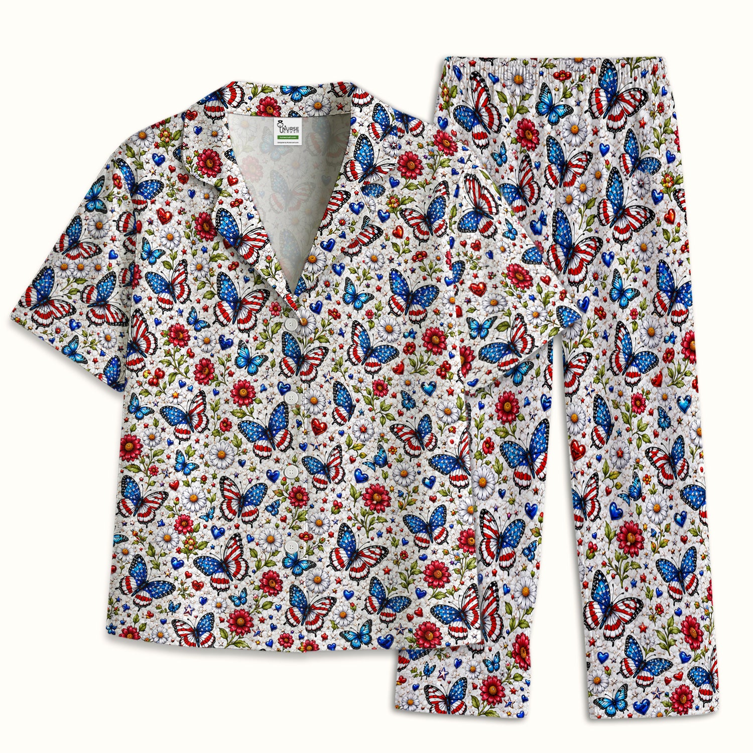Patriotic Butterfly Daisy Heart Pattern Pajama Set, Soft Breathable Fabric Comfortable Sleepwear