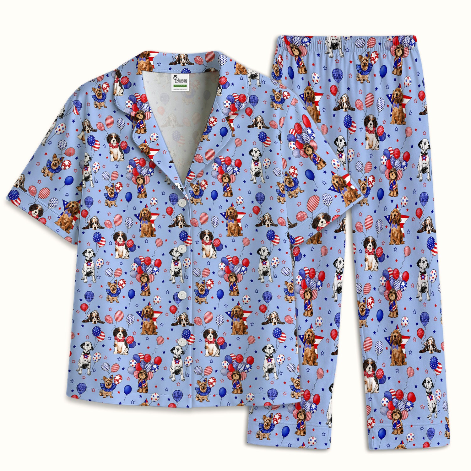Patriotic Dogs With USA Flag Balloons Pattern Pajama Set, Soft Breathable Fabric Comfortable Sleepwear