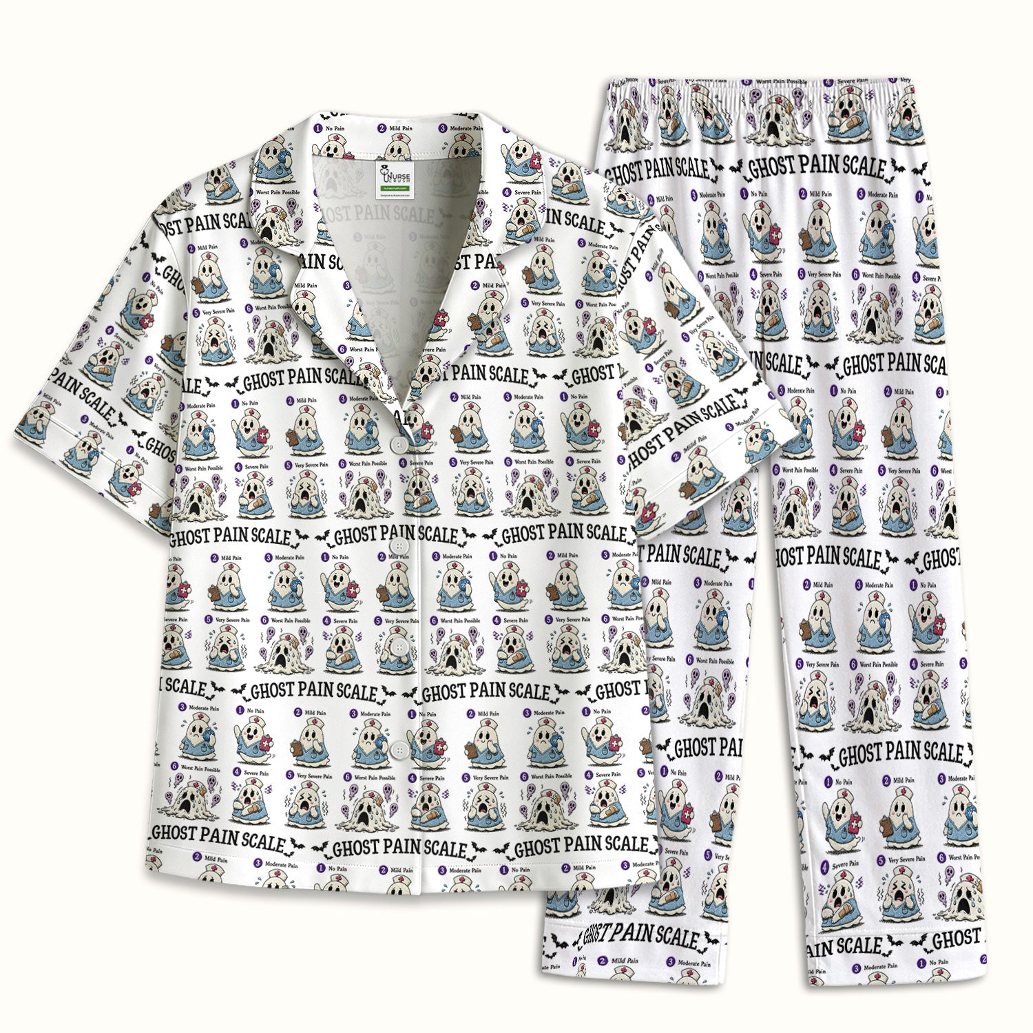 Funny Ghost Pain Scale Pattern Pajama Set, Soft Breathable Fabric Comfortable Sleepwear