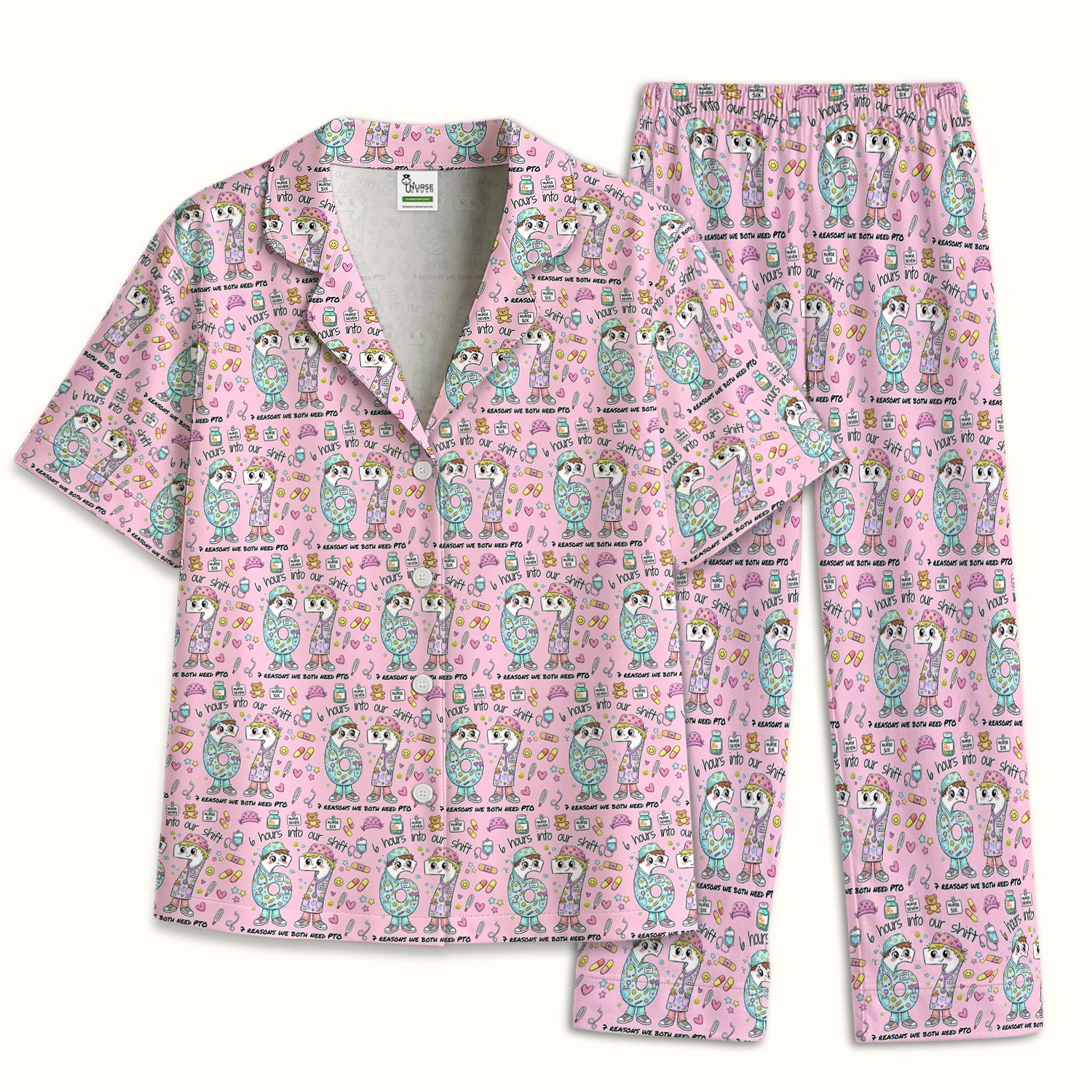 Cartoon Characters Six Hours Into Shift With Medical Doodle Pajama Set, Breathable Fabrics Uniform