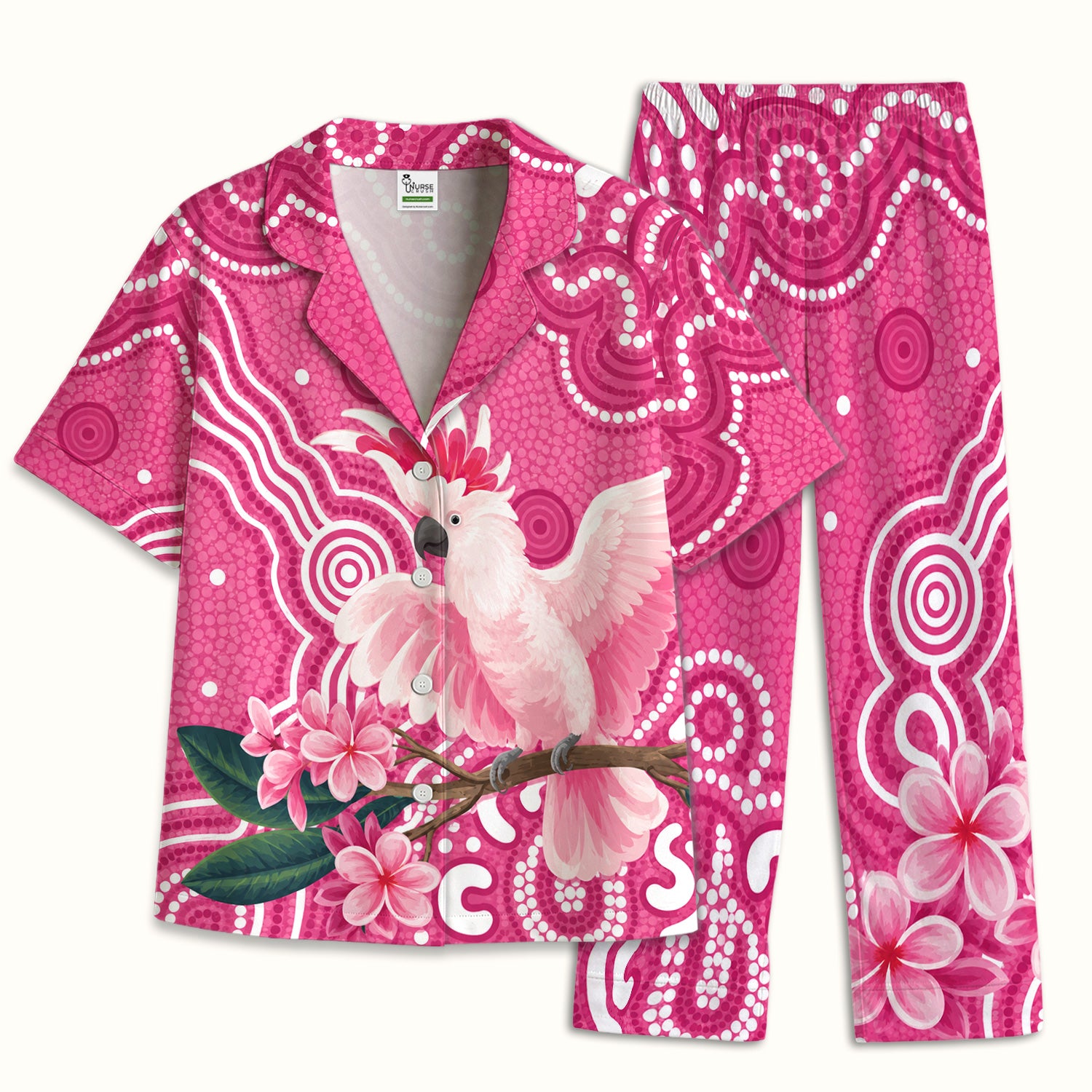 Pink Cockatoo Floral Dot Pattern Pajama Set, Soft Breathable Fabric Comfortable Sleepwear