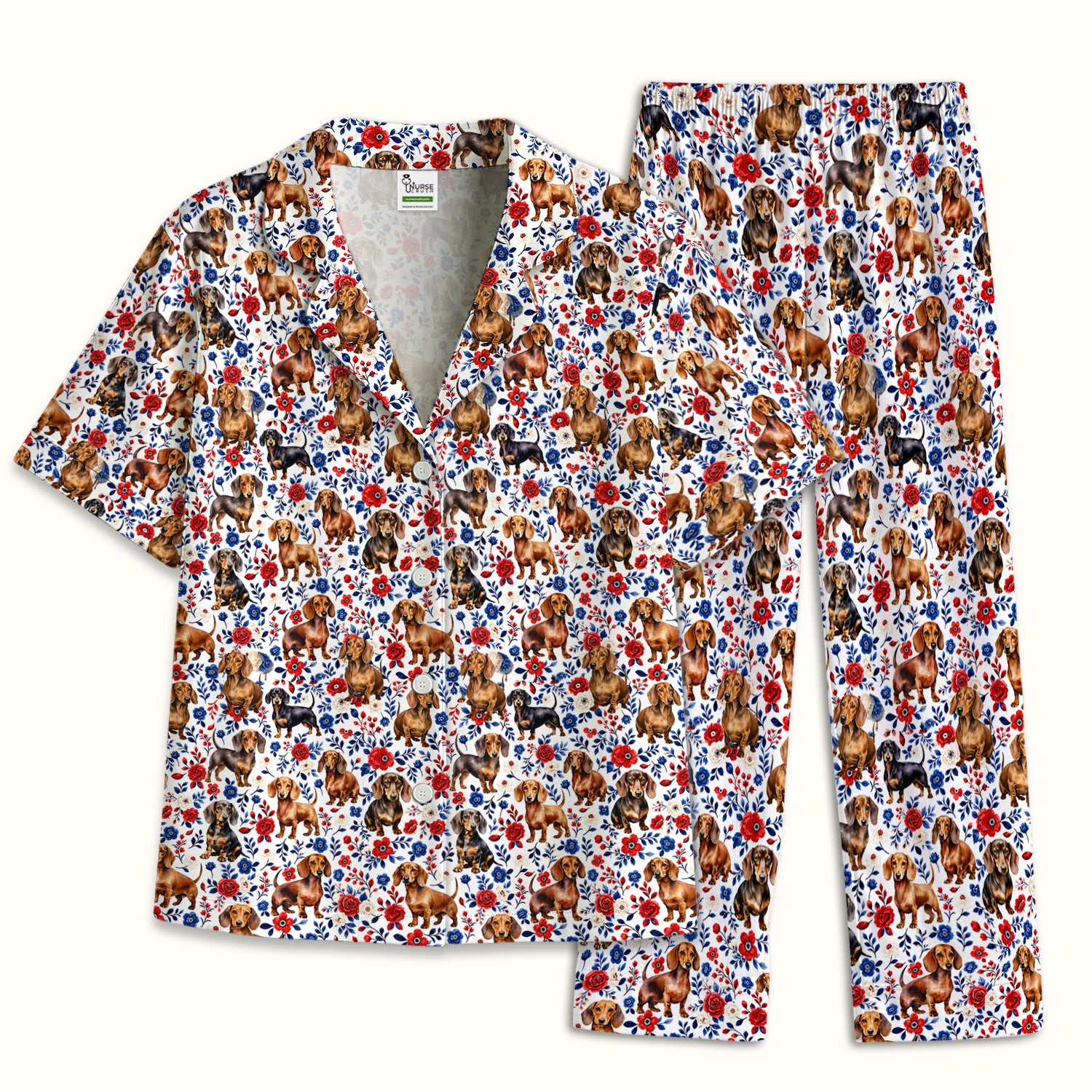 Floral Dachshund Nurse Pattern Pajama Set, Soft Breathable Fabric Comfortable Sleepwear