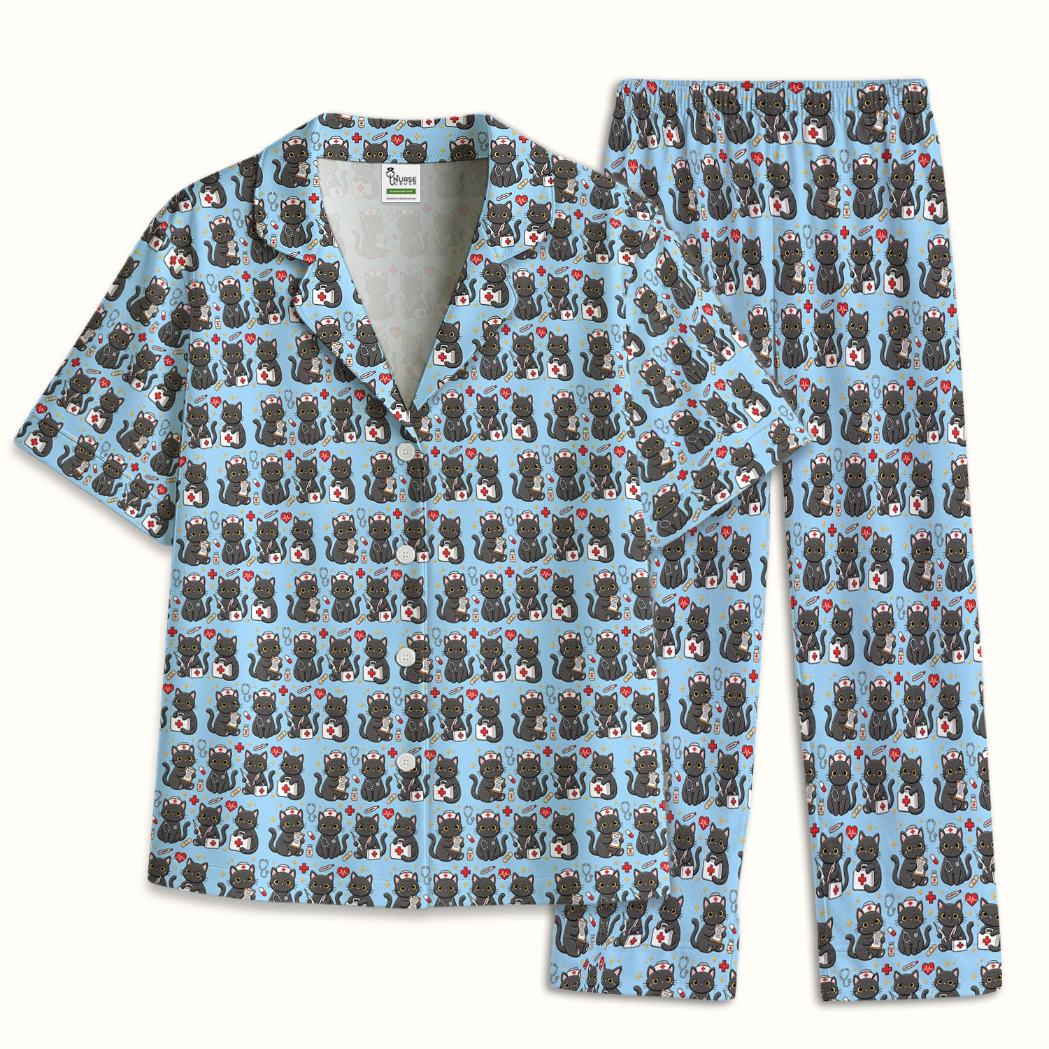 Black Cat Nurse Medical Icons Pajama Set, Soft Breathable Fabric Comfortable Sleepwear