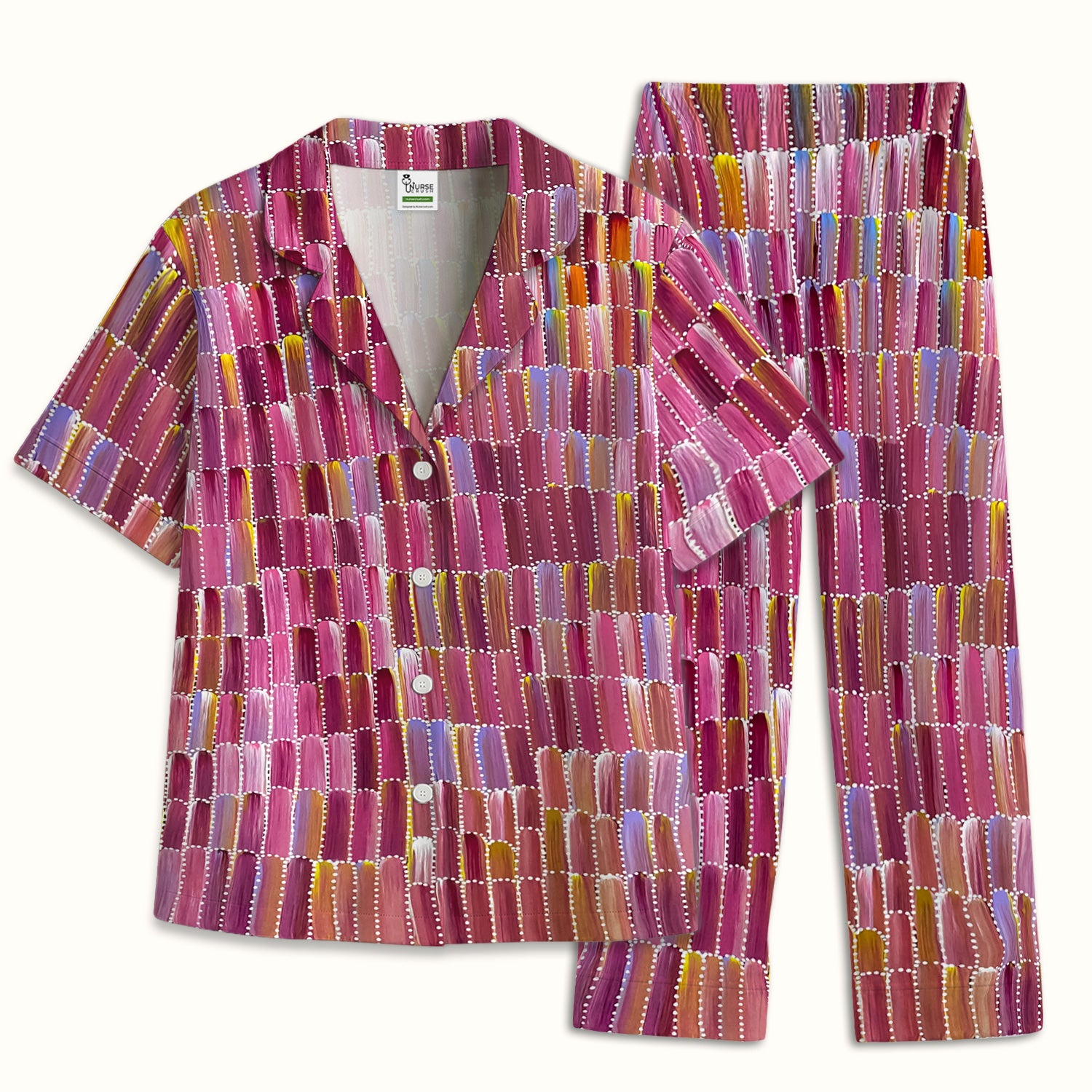 Colorful Abstract Brushstroke Dotted Pattern Pajama Set, Soft Breathable Fabric Comfortable Sleepwear