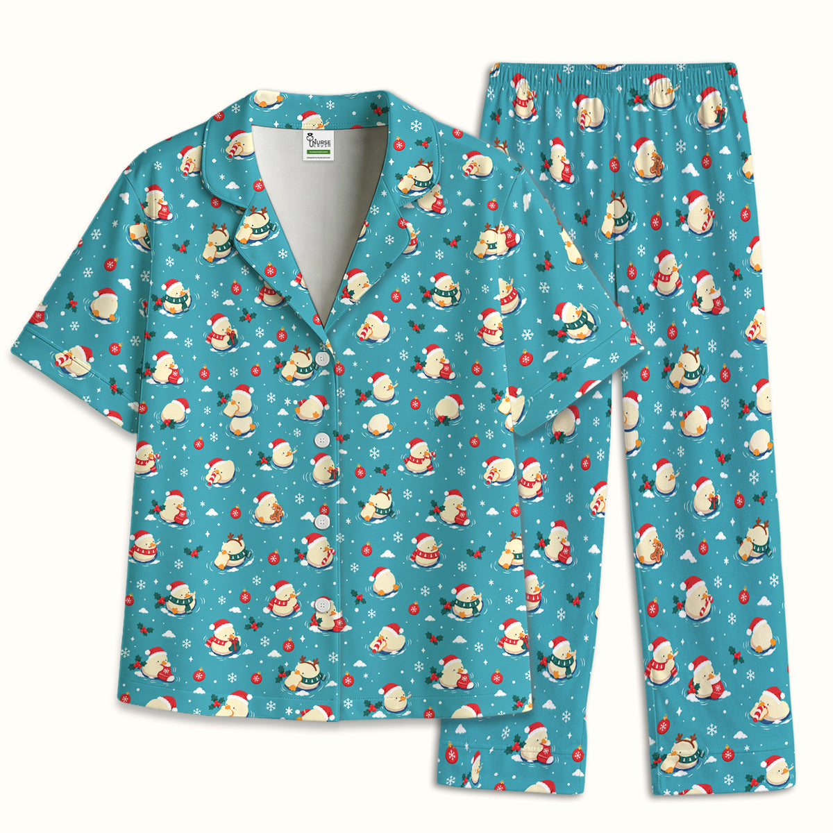 Christmas Ducks In Santa Hats Pajama Set, Soft Breathable Fabric Comfortable Sleepwear