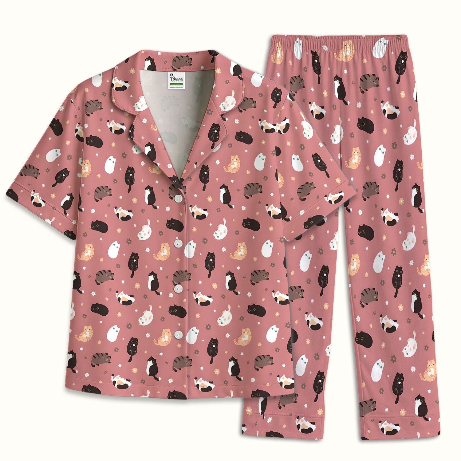 Adorable Kitty Nurse Pattern Pajama Set, Soft Breathable Fabric Comfortable Sleepwear