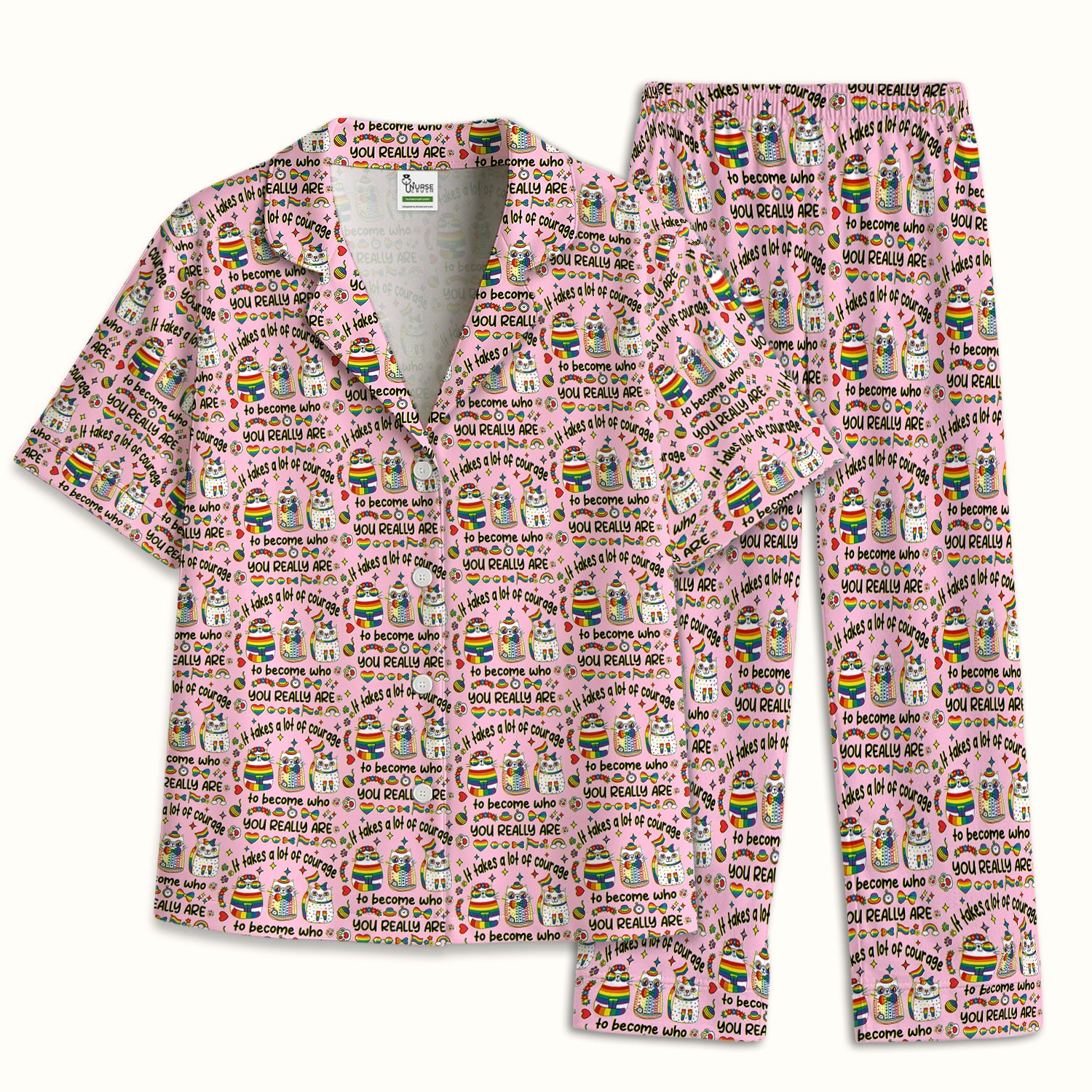 Inspirational Nurse Rainbow Cat Courage Quote Pattern Pajama Set, Breathable Fabrics Uniform