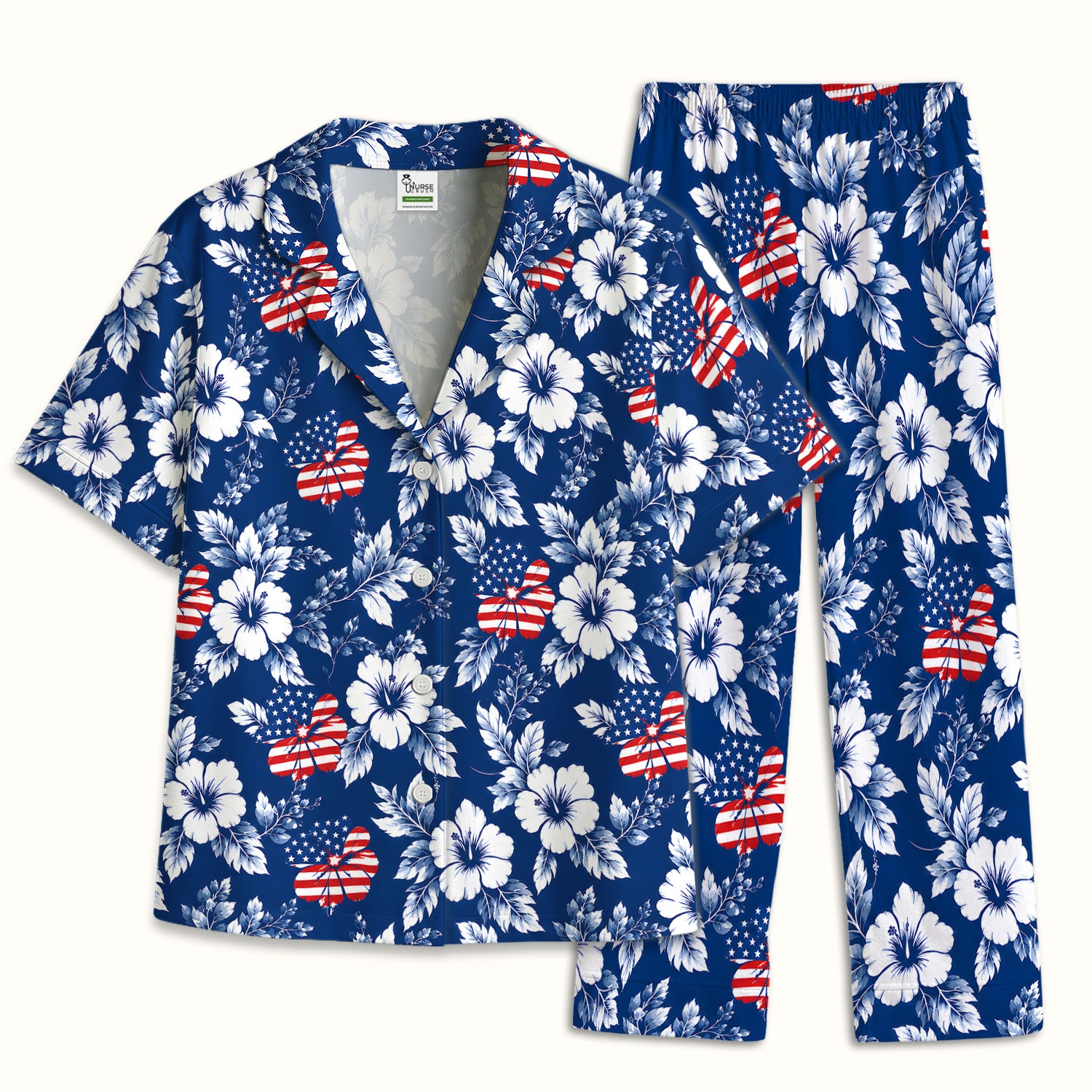 Patriotic Butterfly Floral Nurse for RN & CNA, American Flag Healthcare Workers Uniform Pajama Set, Soft Breathable Fabric Comfortable Sleepwear