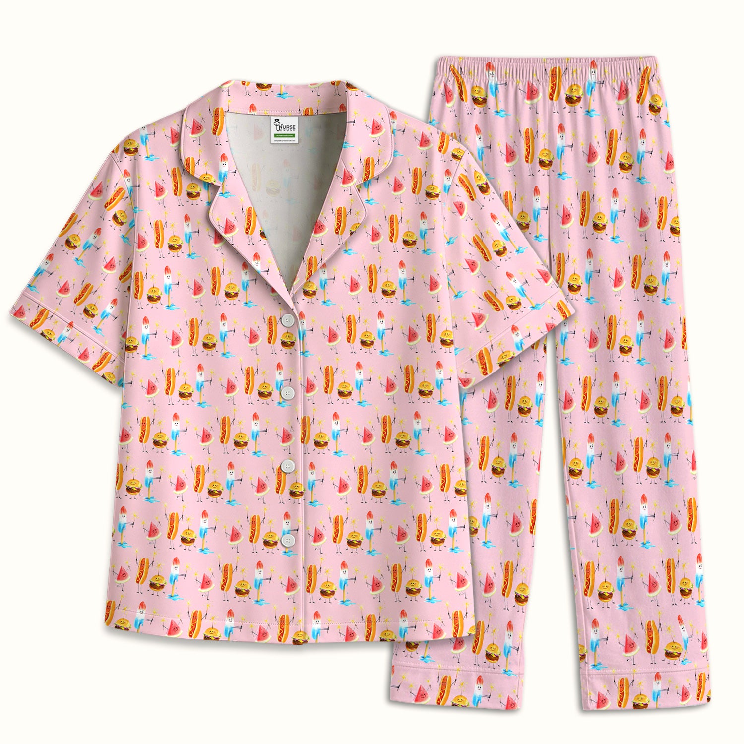 Funny Summer Food Icons Pattern Scrub Set, Breathable Fabrics Nursing Uniform
