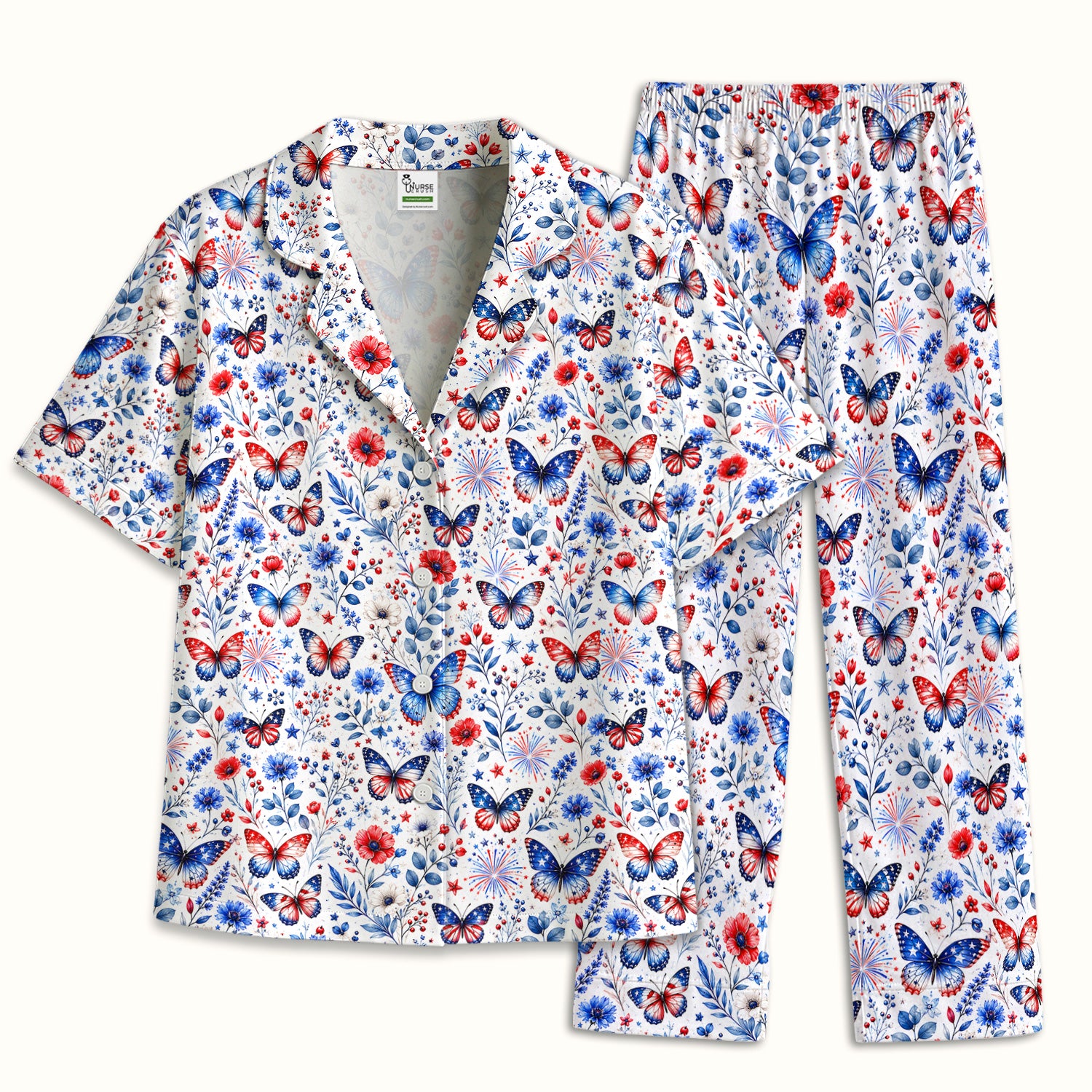 Patriotic Butterfly Fireworks Floral Pattern Pajama Set, Soft Breathable Fabric Comfortable Sleepwear