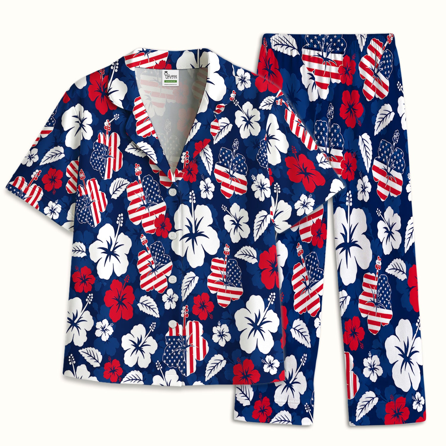 Patriotic Hibiscus Flag Floral Print Pajama Set, Soft Breathable Fabric Comfortable Sleepwear