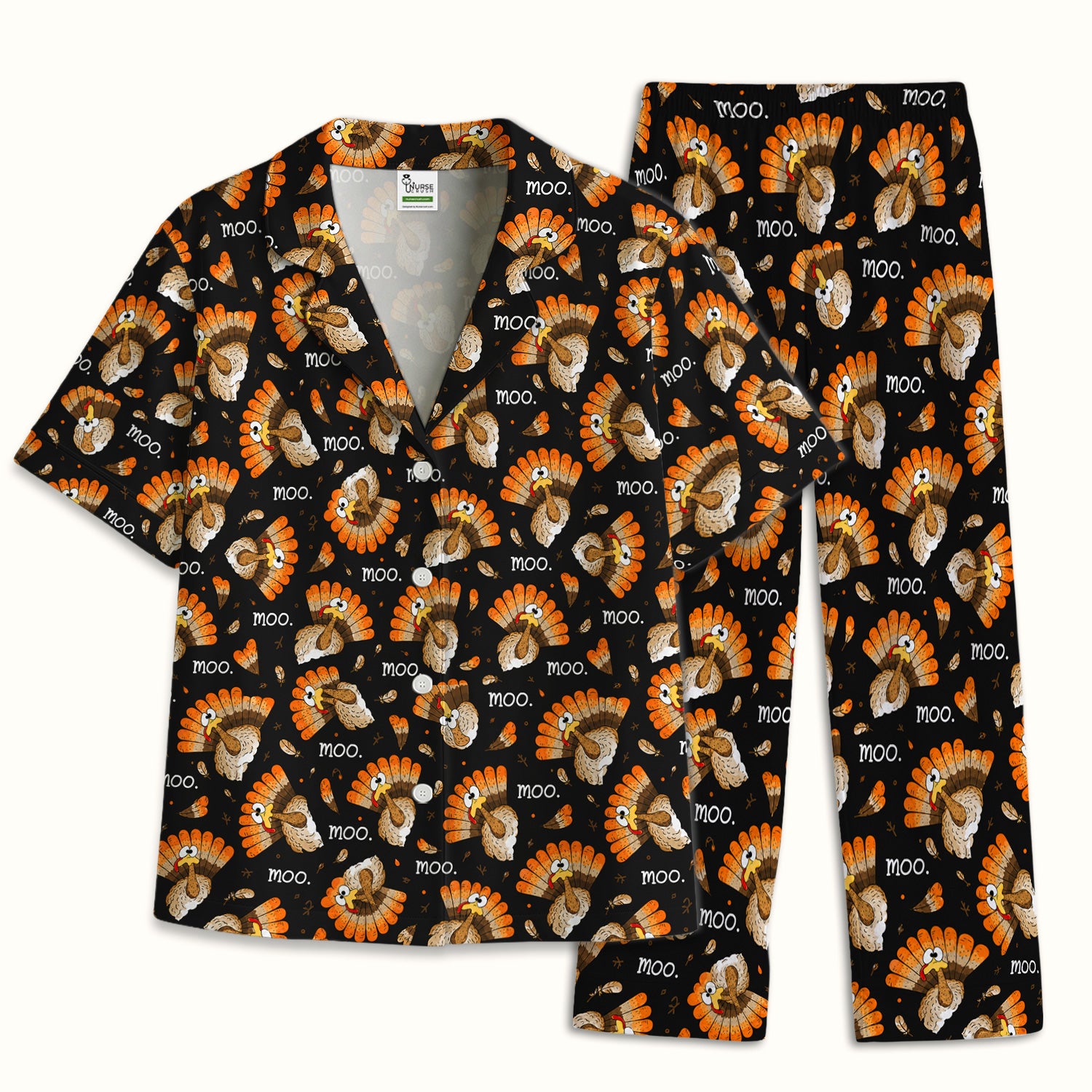 Funny Thanksgiving Moo Turkey Pajama Set, Soft Breathable Fabric Comfortable Sleepwear