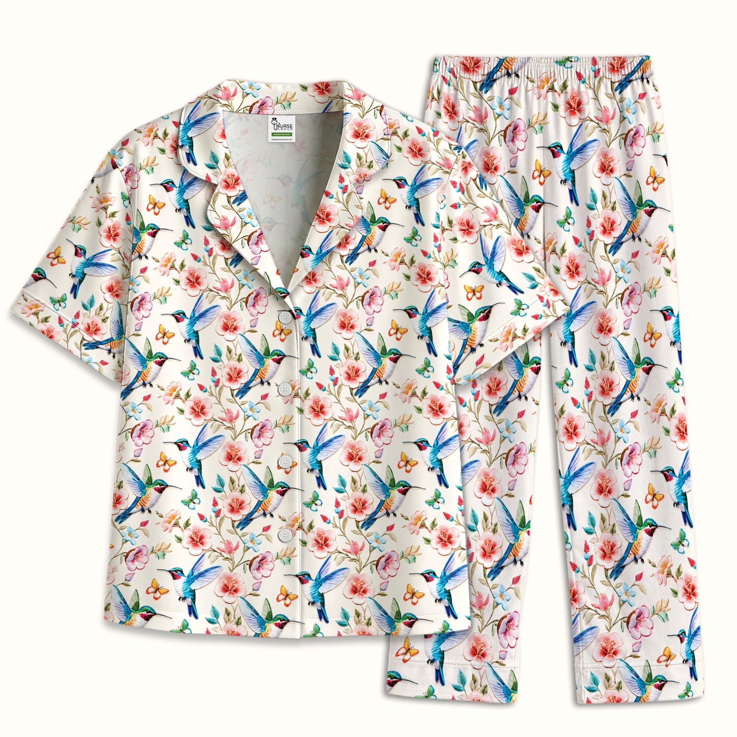 Hummingbird Blossom Butterfly Pattern Pajama Set, Soft Breathable Fabric Comfortable Sleepwear