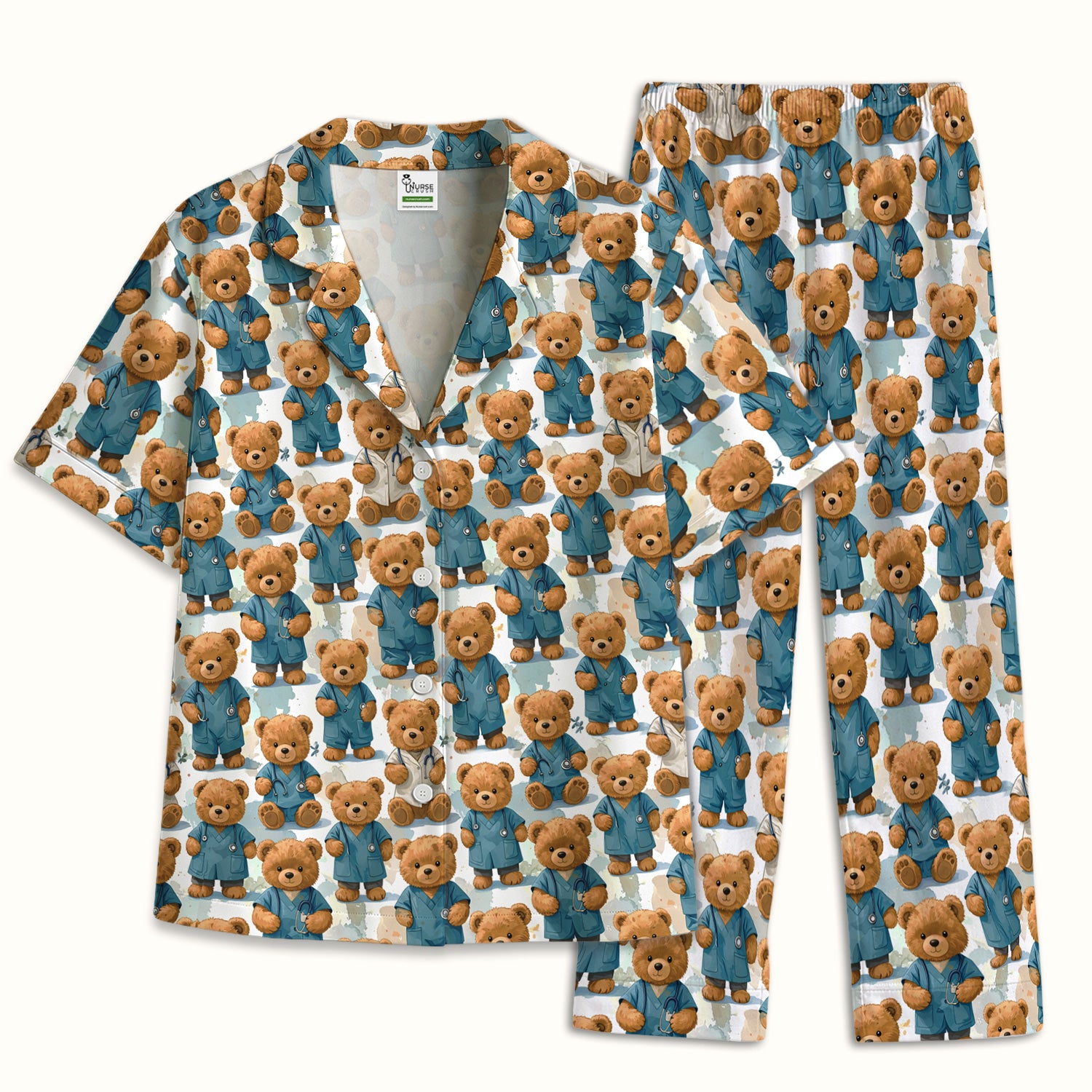 Teddy Bear Doctor Character Pattern Pajama Set, Breathable Fabrics Uniform