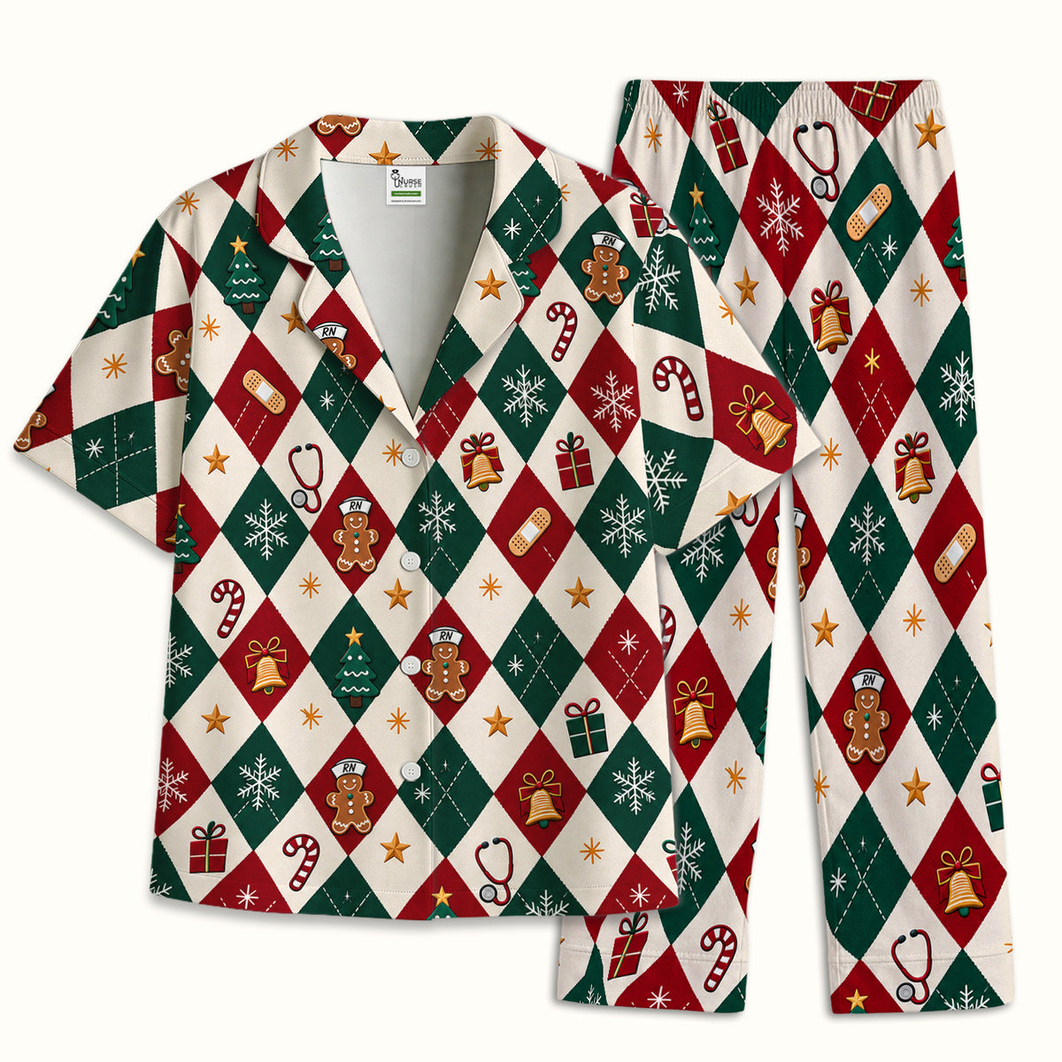 Christmas Gingerbread Nurse Argyle Pajama Set, Soft Breathable Fabric Comfortable Sleepwear