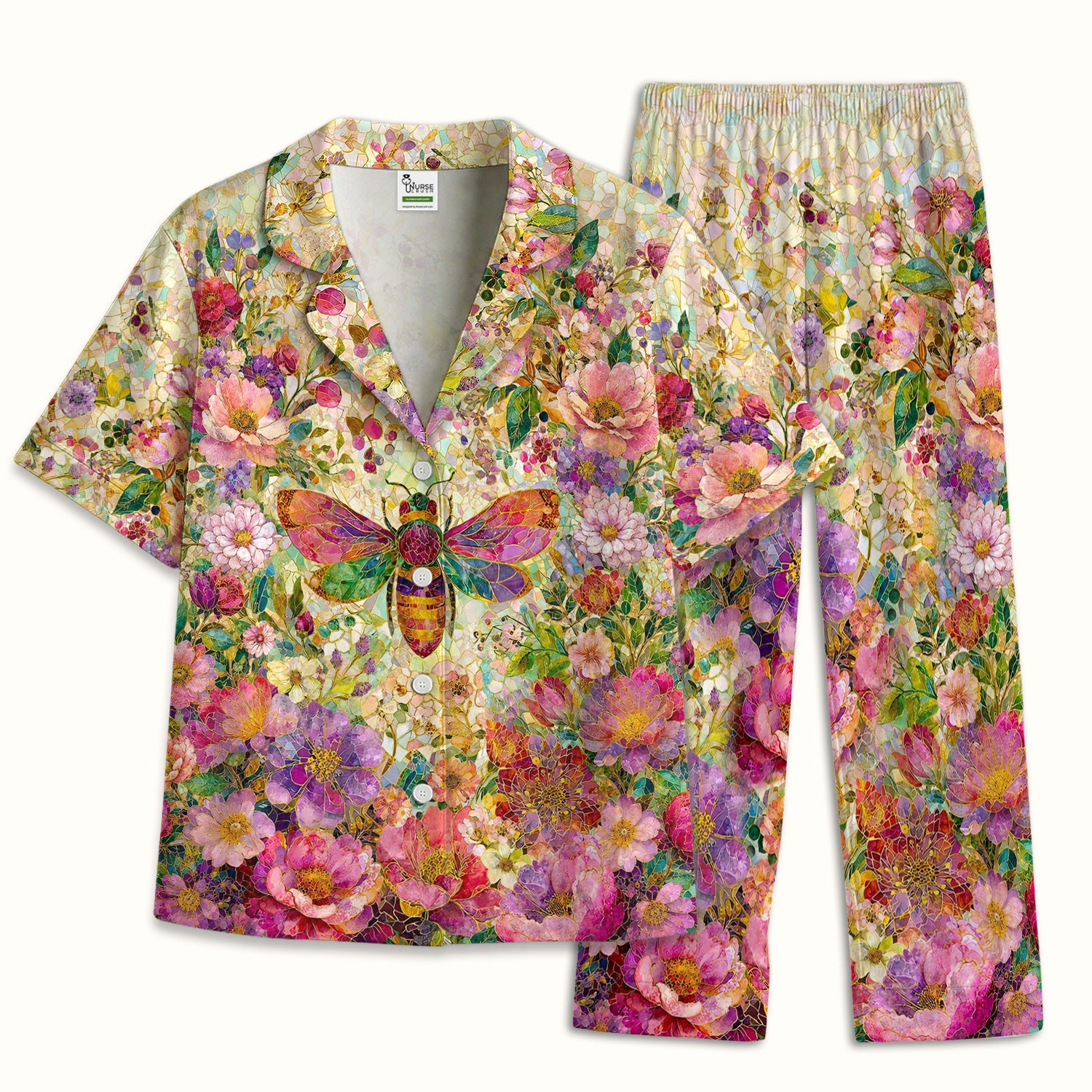 Vibrant Mosaic Bee Nurse for RN, CNA, Floral Garden Medical Pajama Set, Soft Breathable Fabric Comfortable Sleepwear