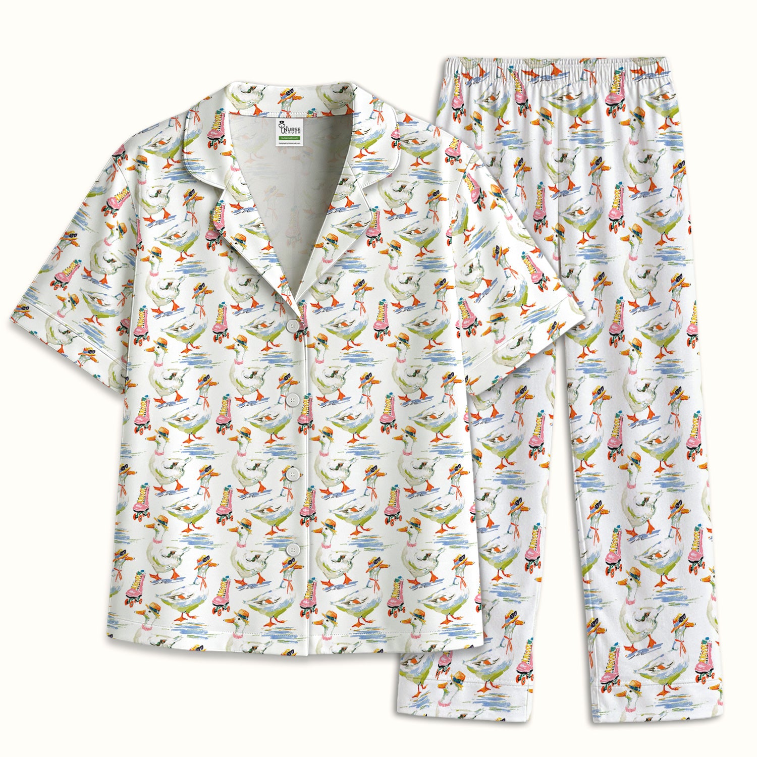 Roller Skating Goose Nurse Pattern Pajama Set, Soft Breathable Fabric Comfortable Sleepwear