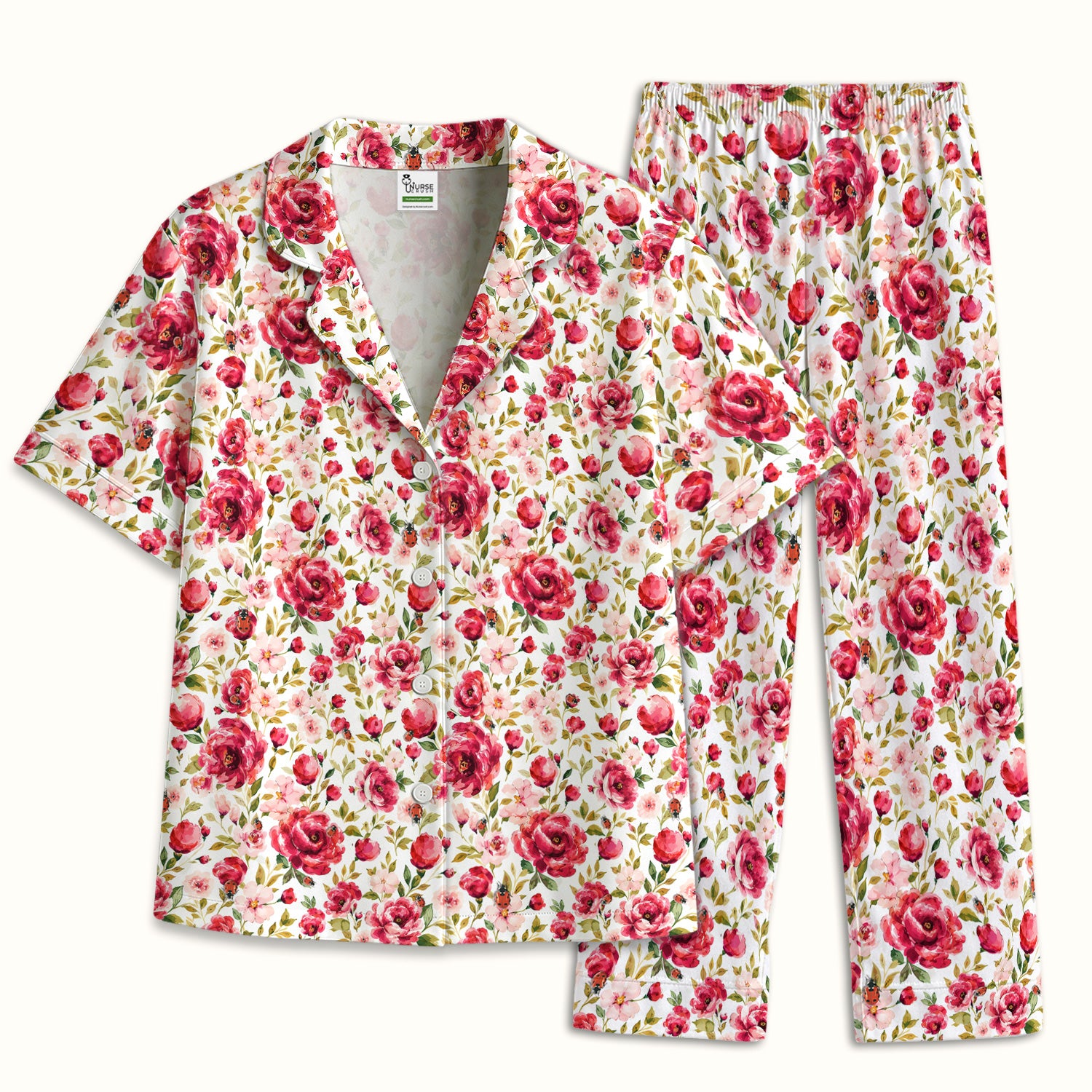Pink Rose Ladybug Garden Pattern Pajama Set, Soft Breathable Fabric Comfortable Sleepwear
